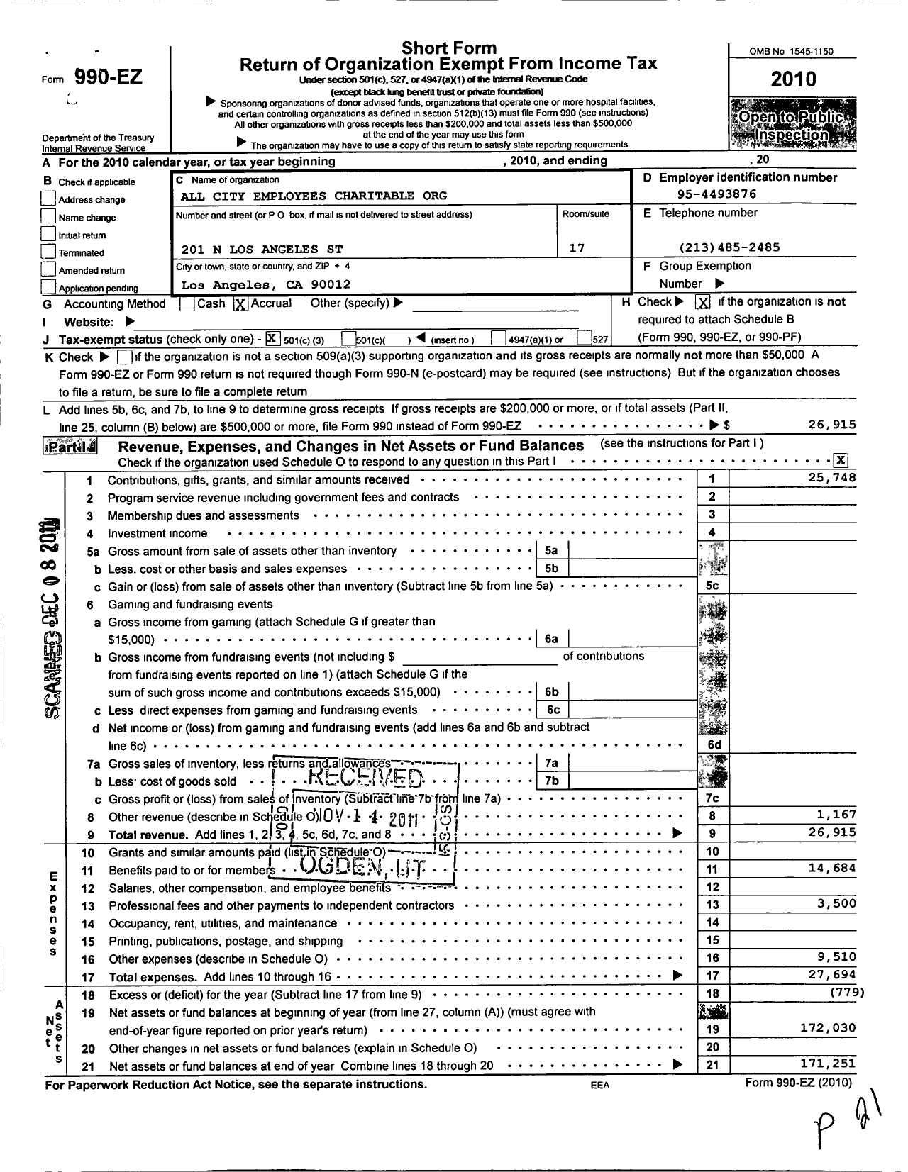 Image of first page of 2010 Form 990EZ for All City Employees Charitable Organization