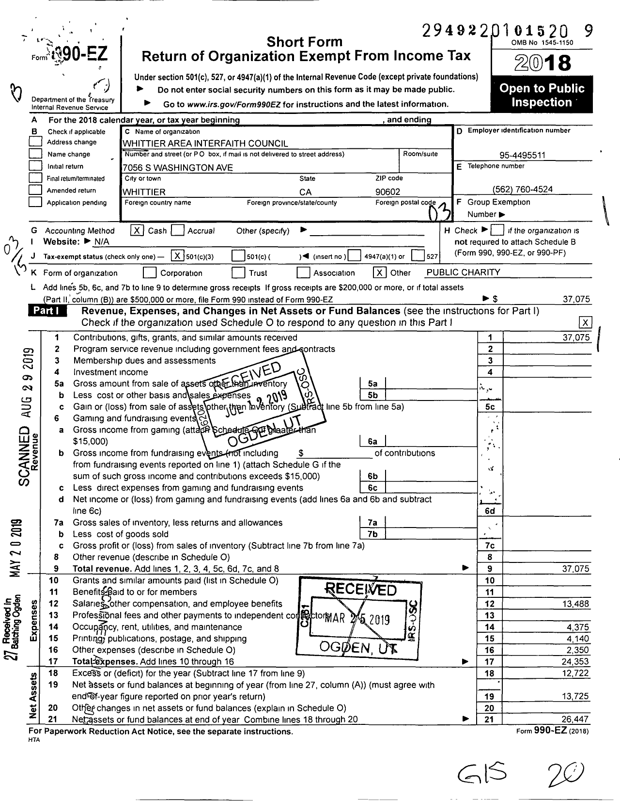 Image of first page of 2018 Form 990EZ for Whittier Area Interfaith Council