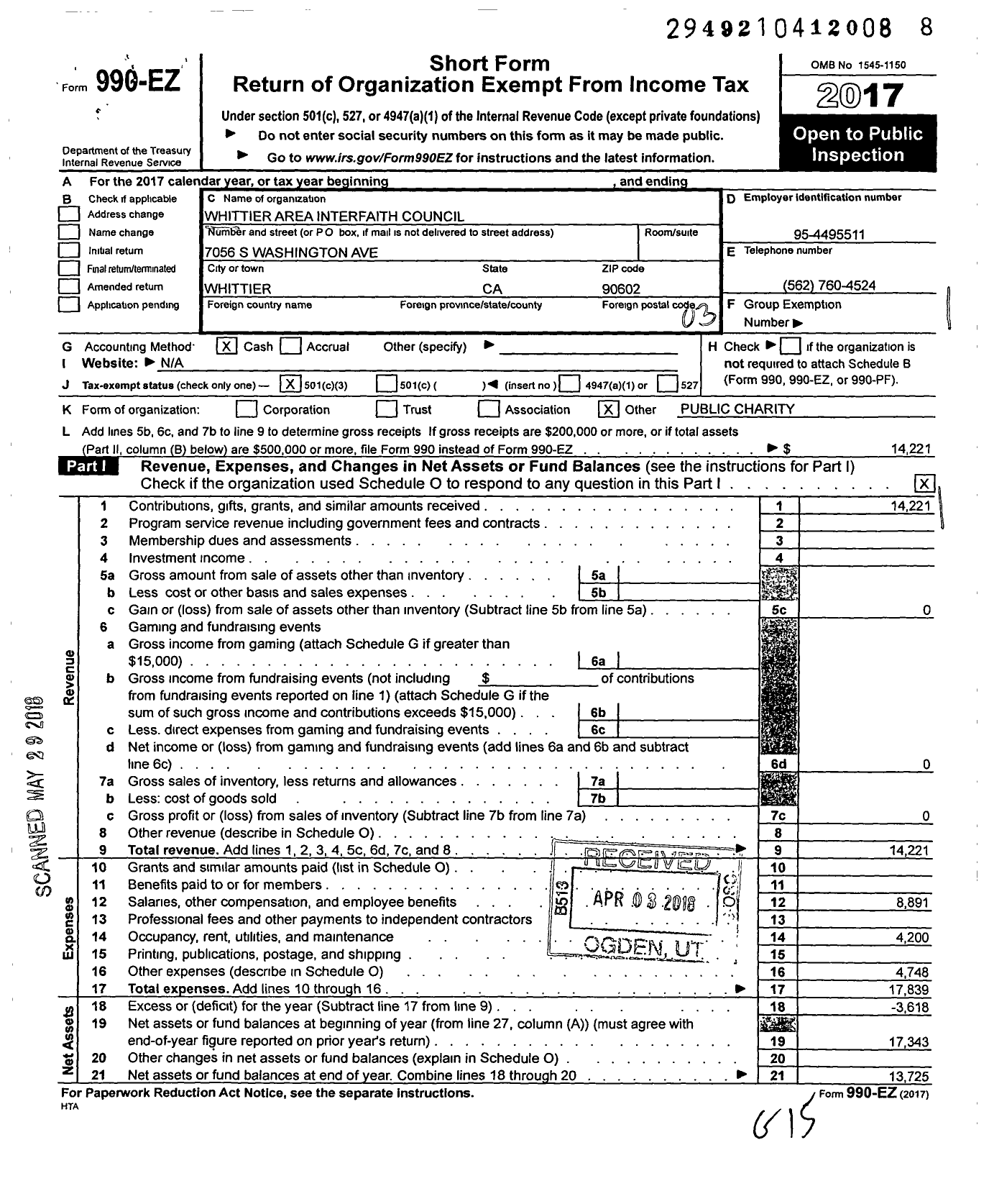 Image of first page of 2017 Form 990EZ for Whittier Area Interfaith Council