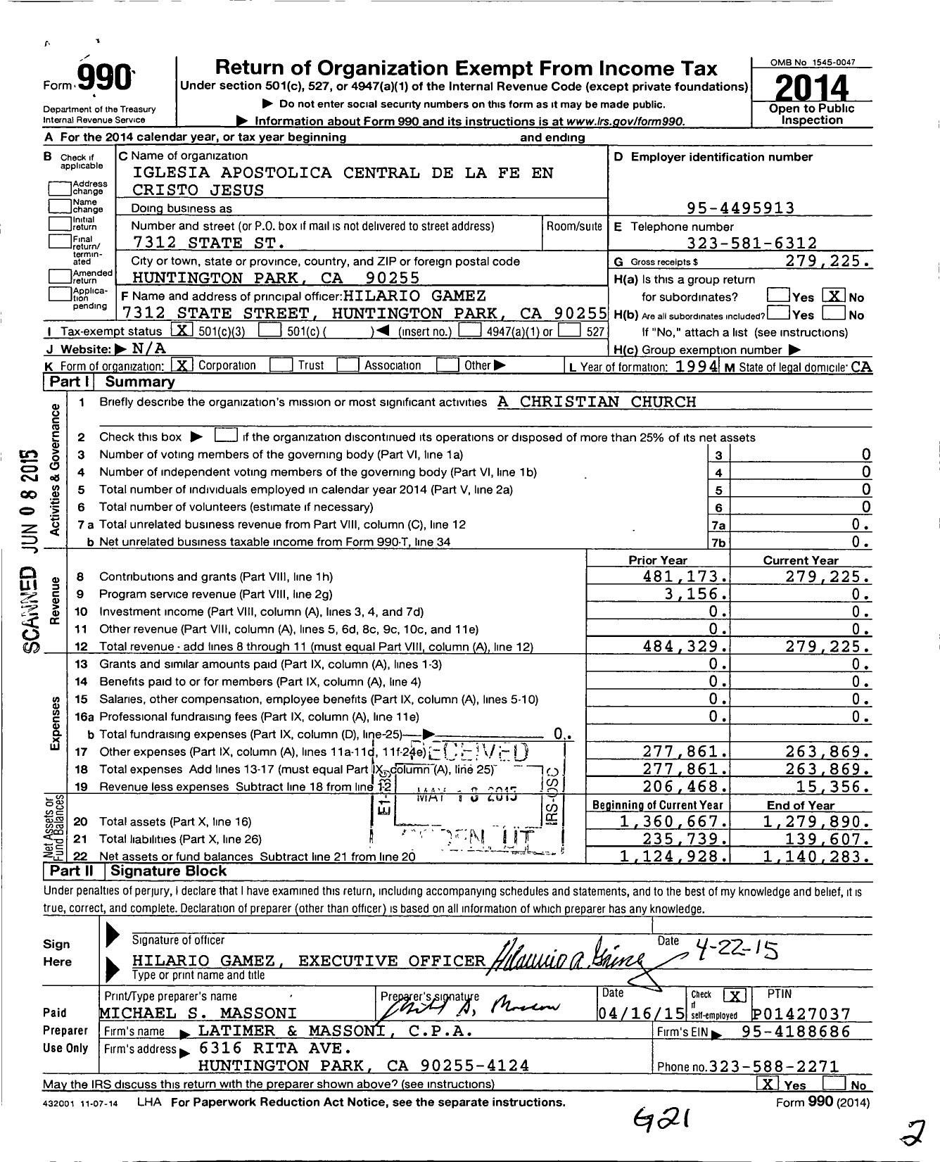 Image of first page of 2014 Form 990 for Iglesia Apostolica Central de La Fe En Cristo Jesus