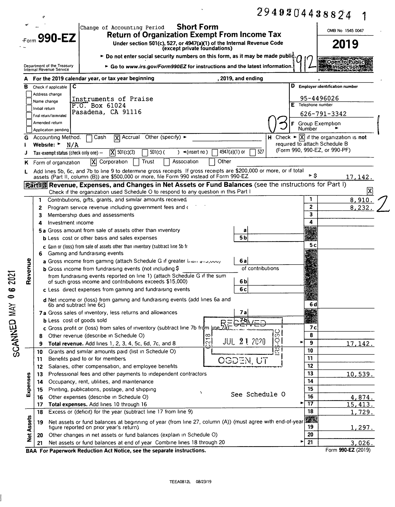 Image of first page of 2019 Form 990EZ for Instruments of Praise