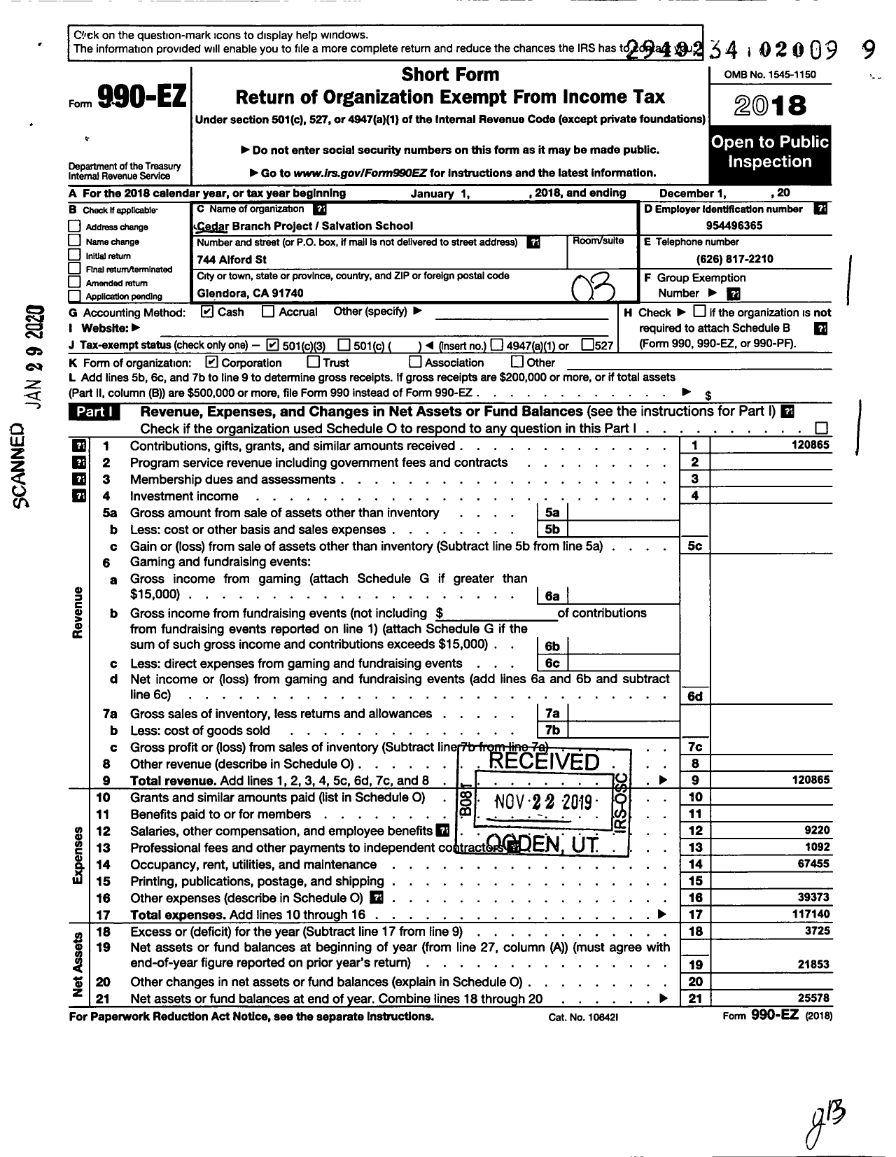 Image of first page of 2018 Form 990EZ for Cedar Branch Project