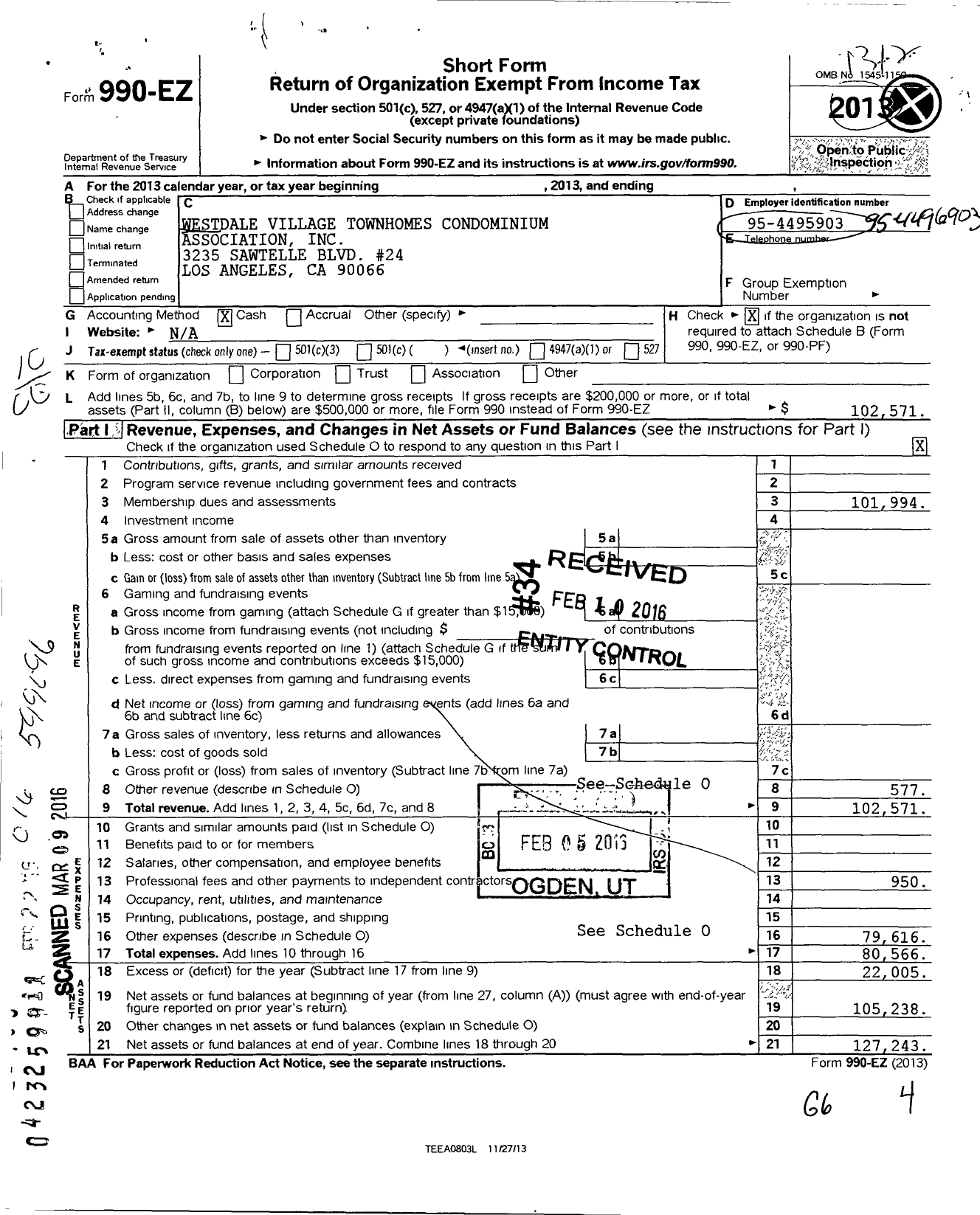 Image of first page of 2013 Form 990EO for Westdale Village Homeowners Association