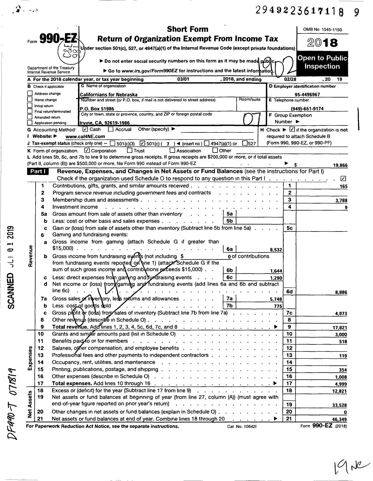 Image of first page of 2018 Form 990EO for Californians for Nebraska