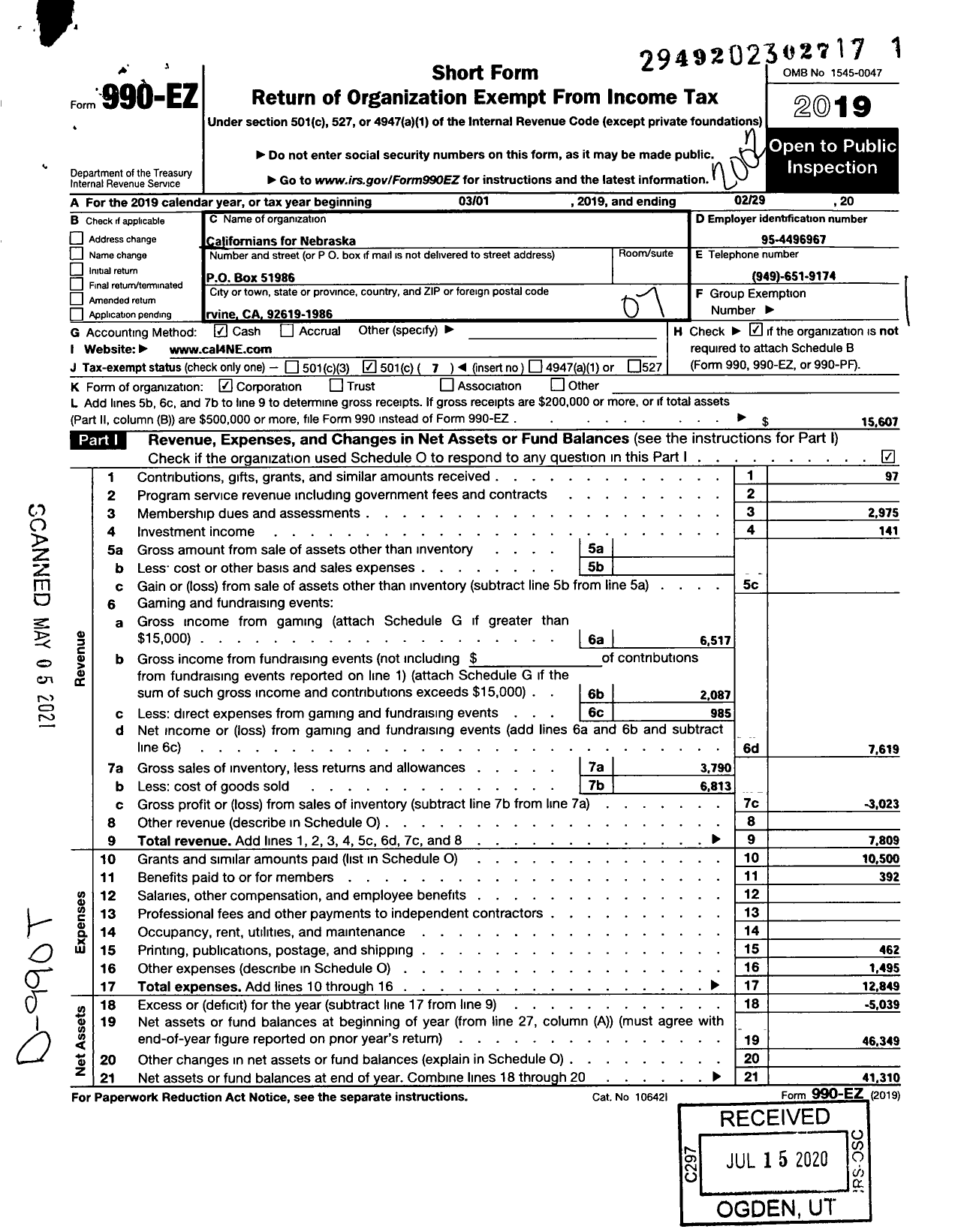 Image of first page of 2019 Form 990EO for Californians for Nebraska