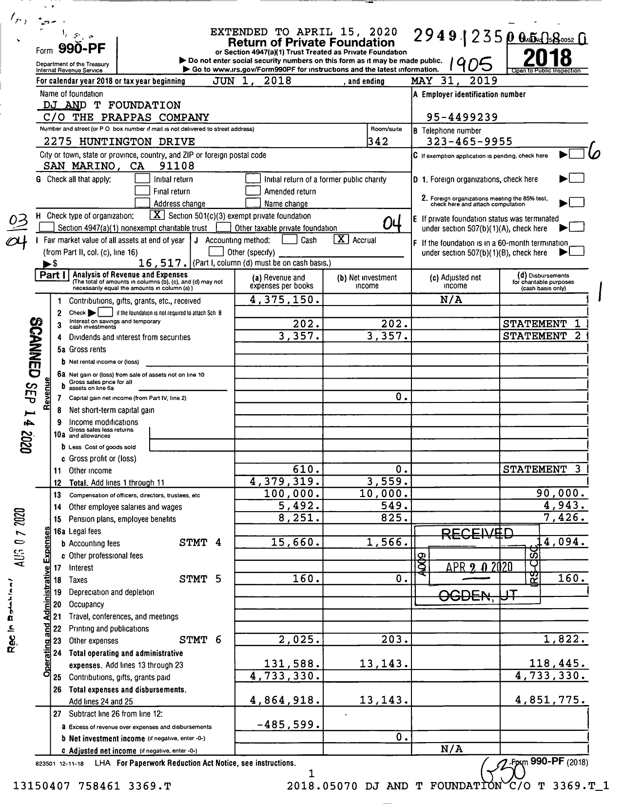 Image of first page of 2018 Form 990PR for DJ and T Foundation