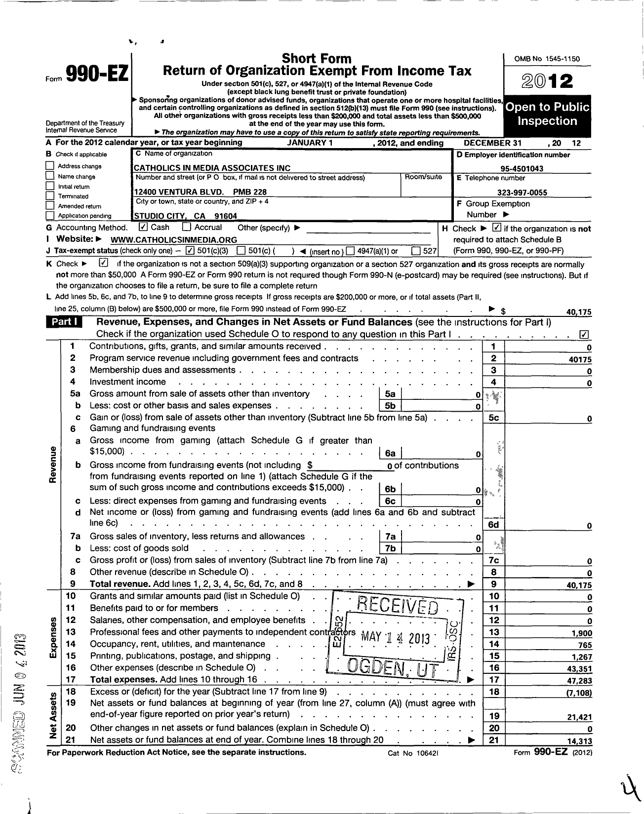 Image of first page of 2012 Form 990EZ for Catholics in Media Associates (CIMA)