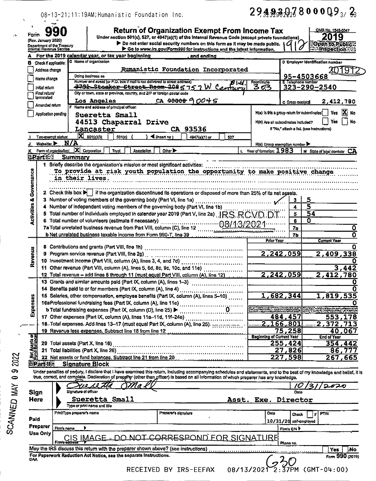 Image of first page of 2019 Form 990 for Humanistic Foundation