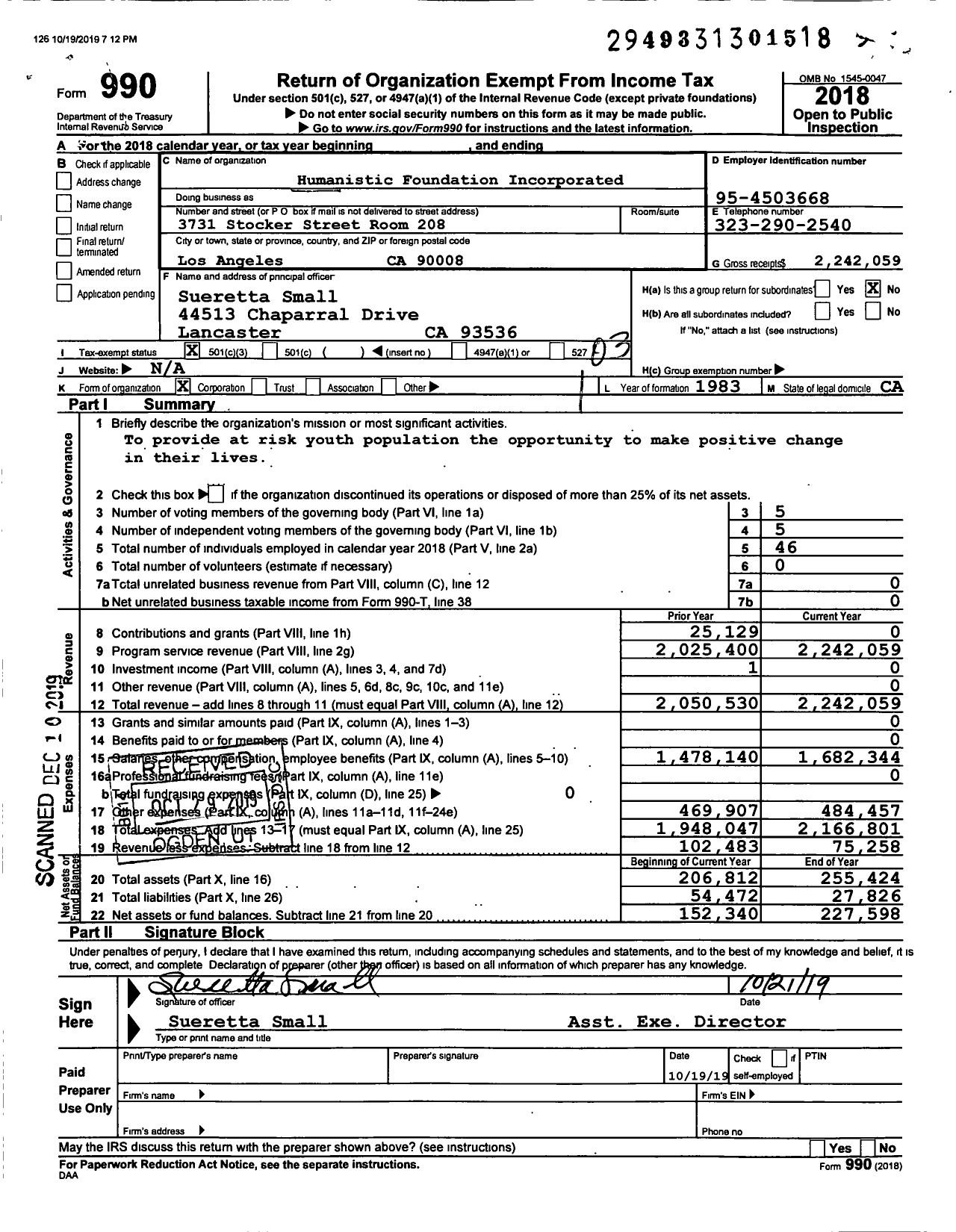 Image of first page of 2018 Form 990 for Humanistic Foundation