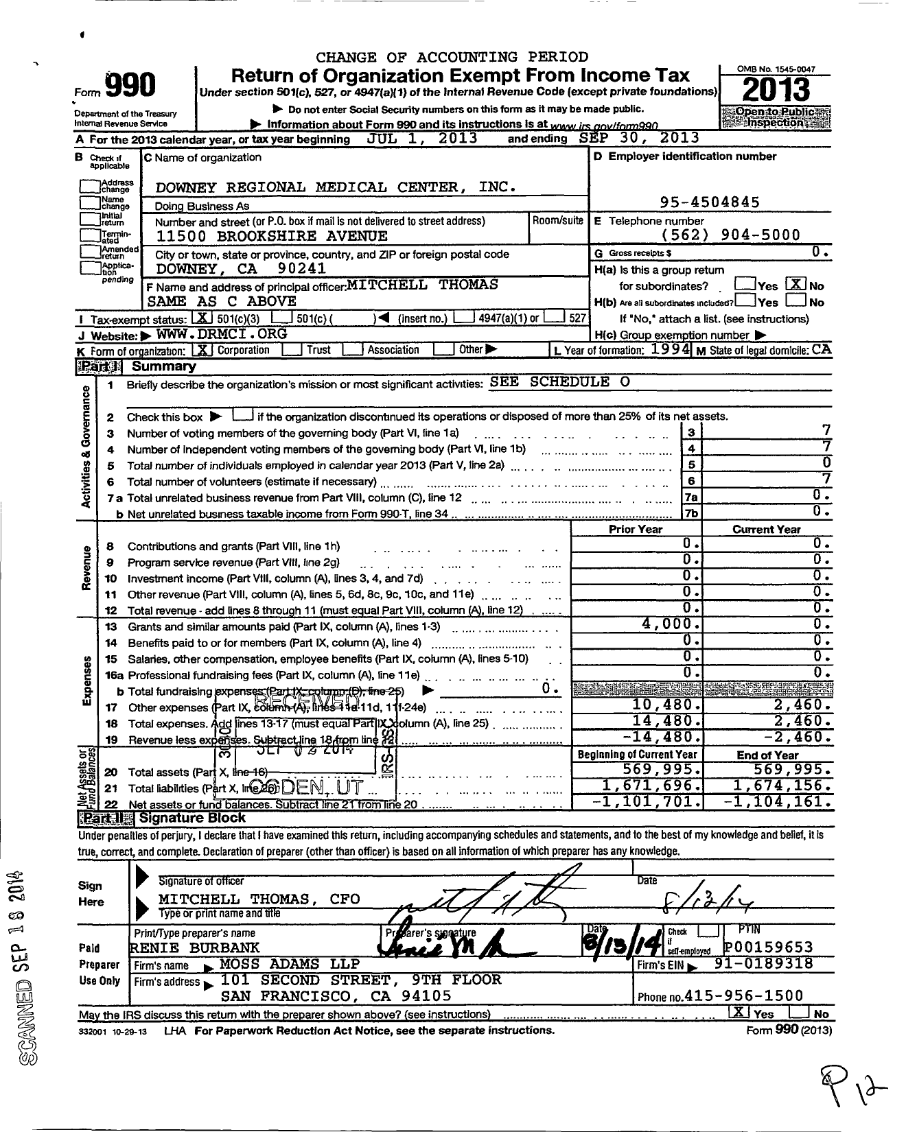 Image of first page of 2012 Form 990 for Downey Regional Medical Center