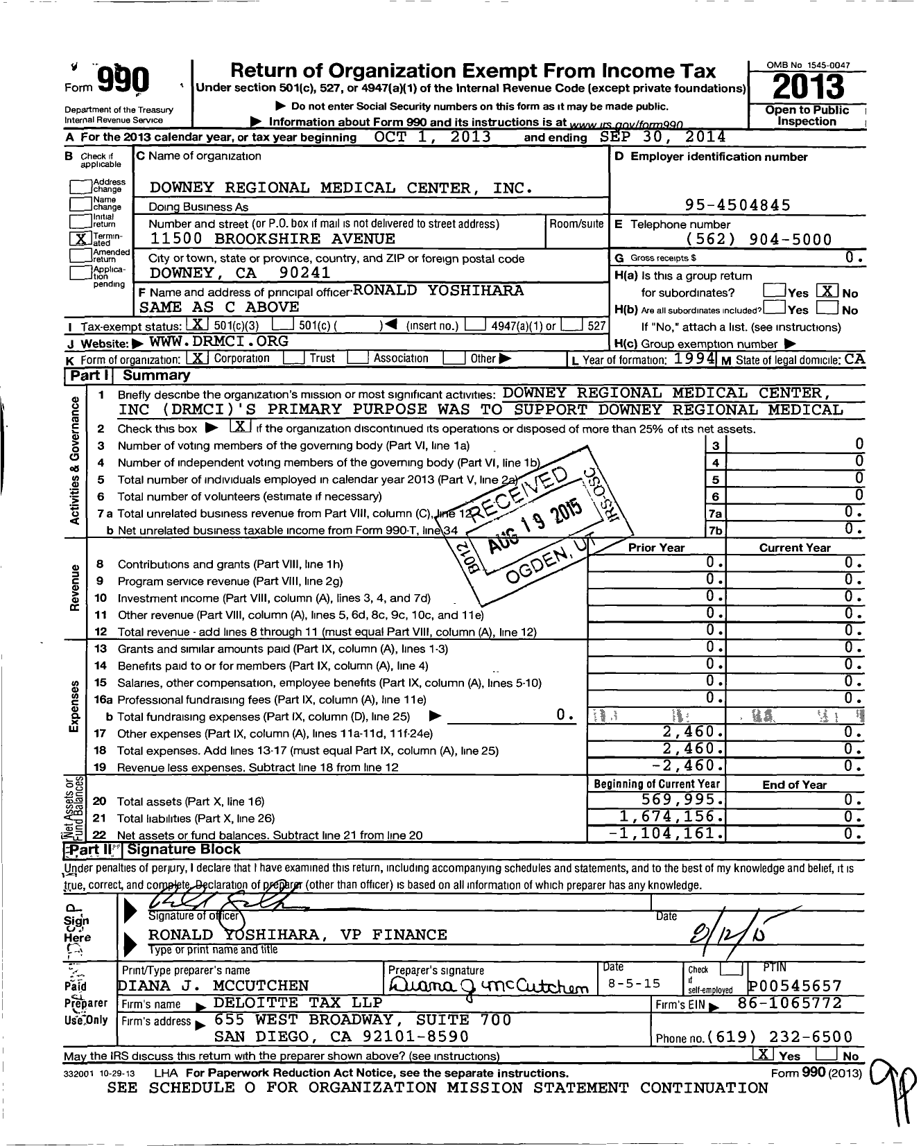 Image of first page of 2013 Form 990 for Downey Regional Medical Center