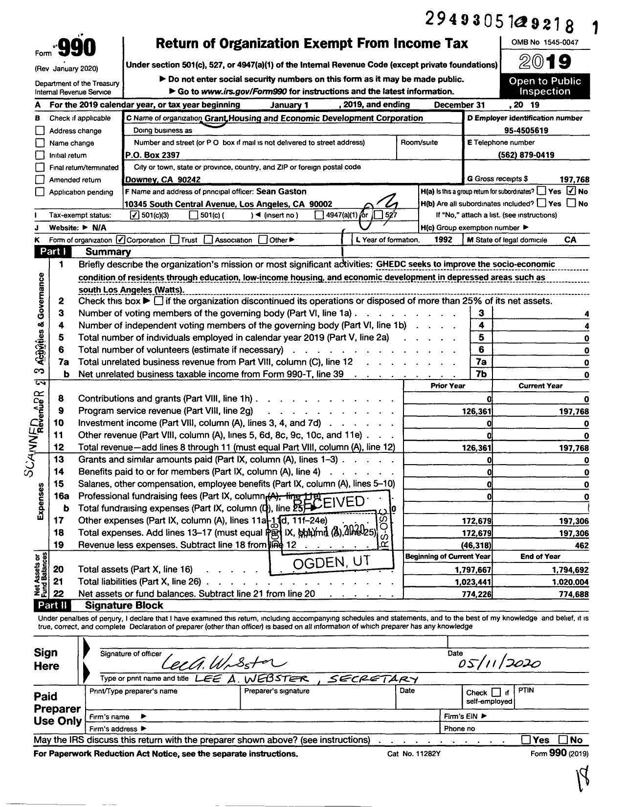 Image of first page of 2019 Form 990 for Grant Housing and Economic Development Corporation