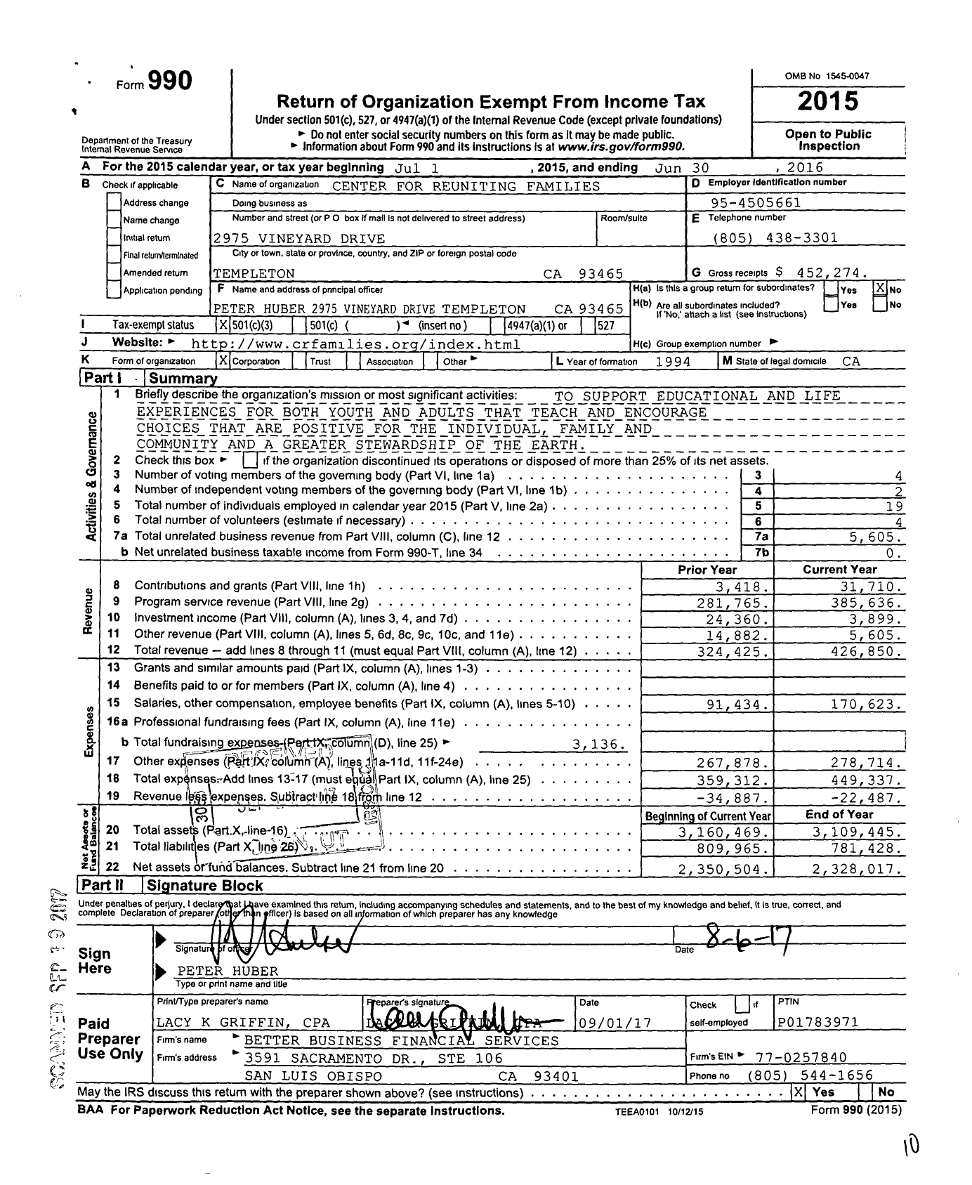 Image of first page of 2015 Form 990 for Center for Reuniting Families