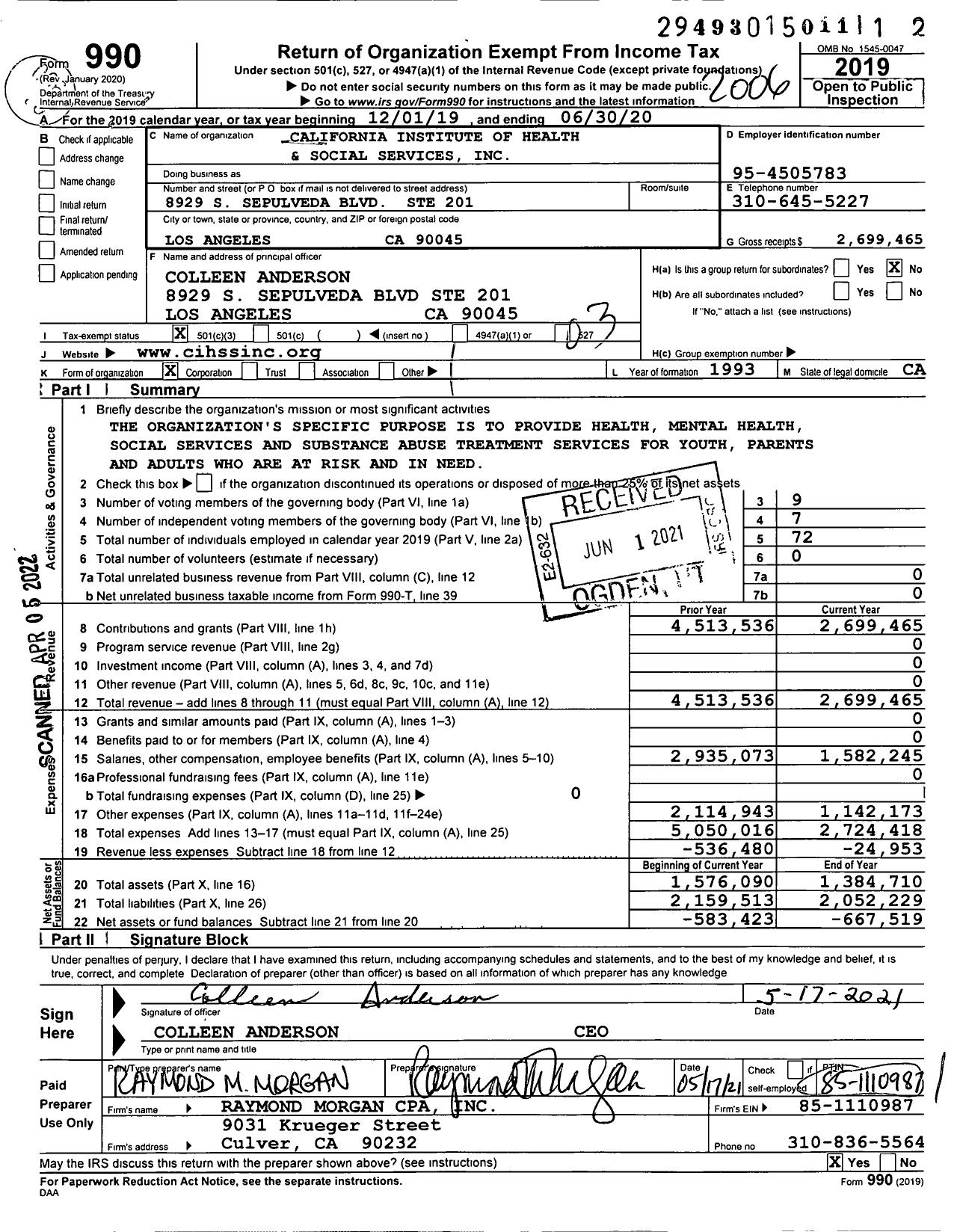 Image of first page of 2019 Form 990 for California Institute of Health and Social Services