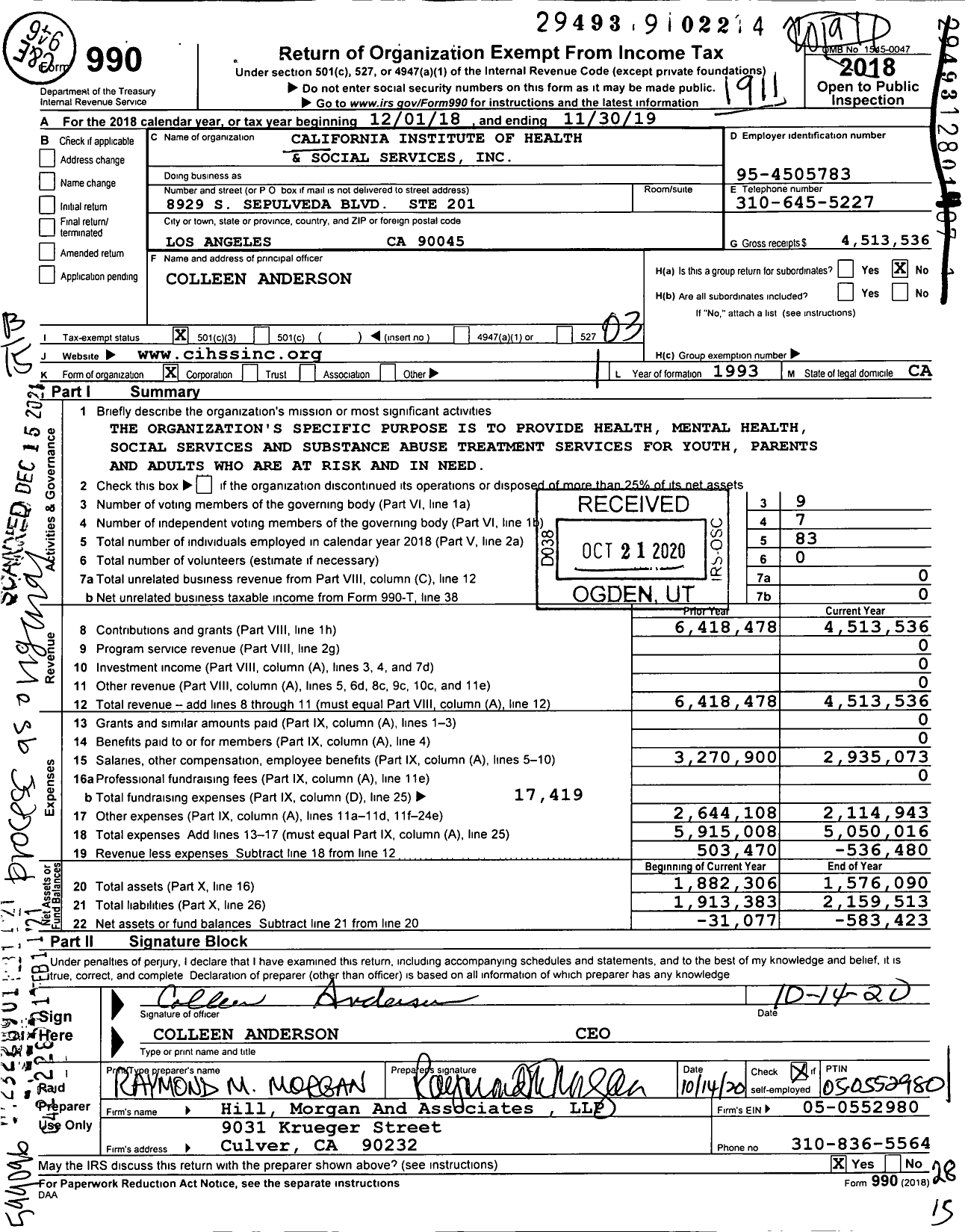 Image of first page of 2018 Form 990 for California Institute of Health and Social Services