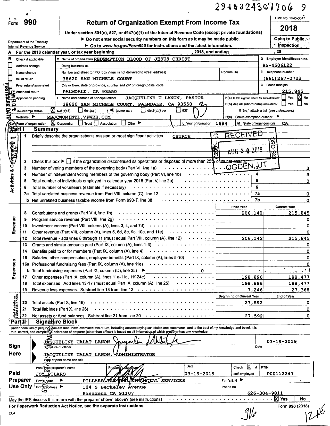 Image of first page of 2018 Form 990 for Redemption Blood of Jesus Christ