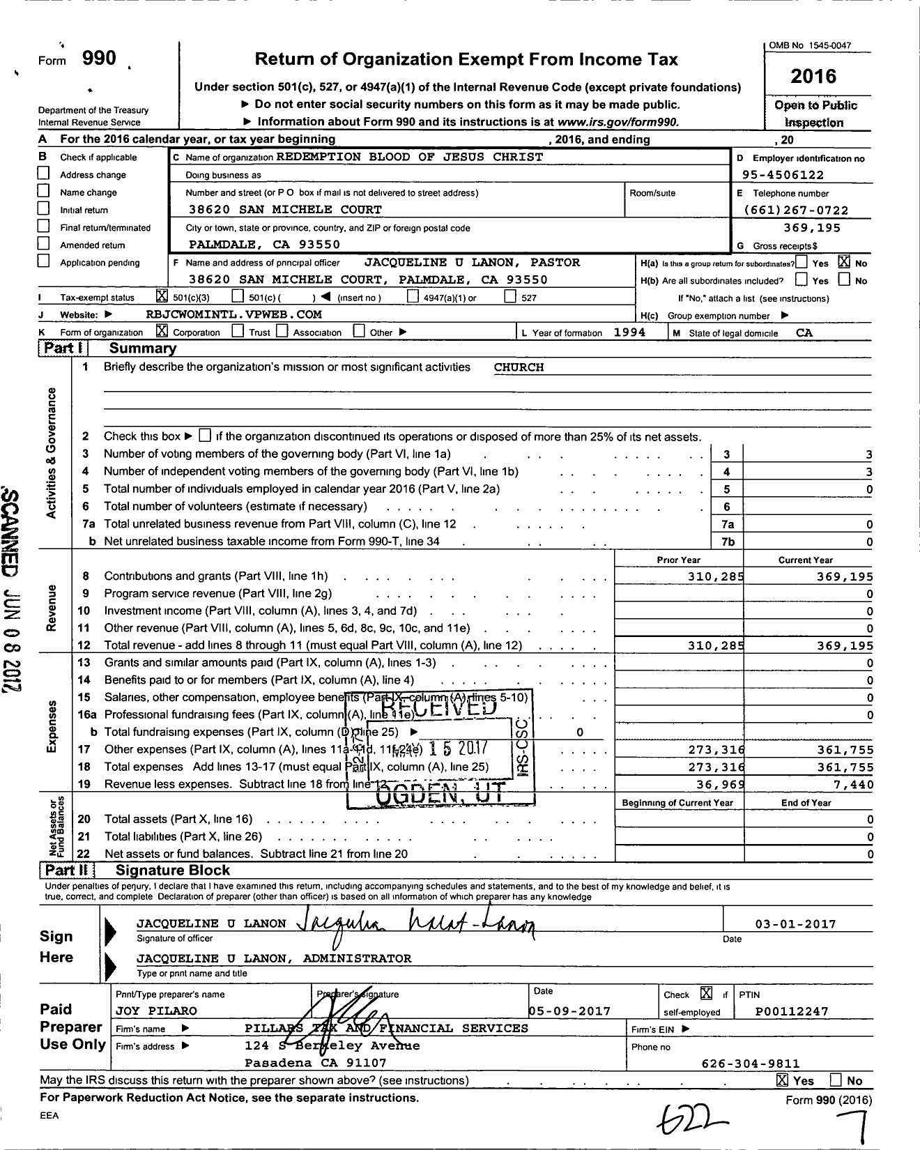 Image of first page of 2016 Form 990 for Redemption Blood of Jesus Christ