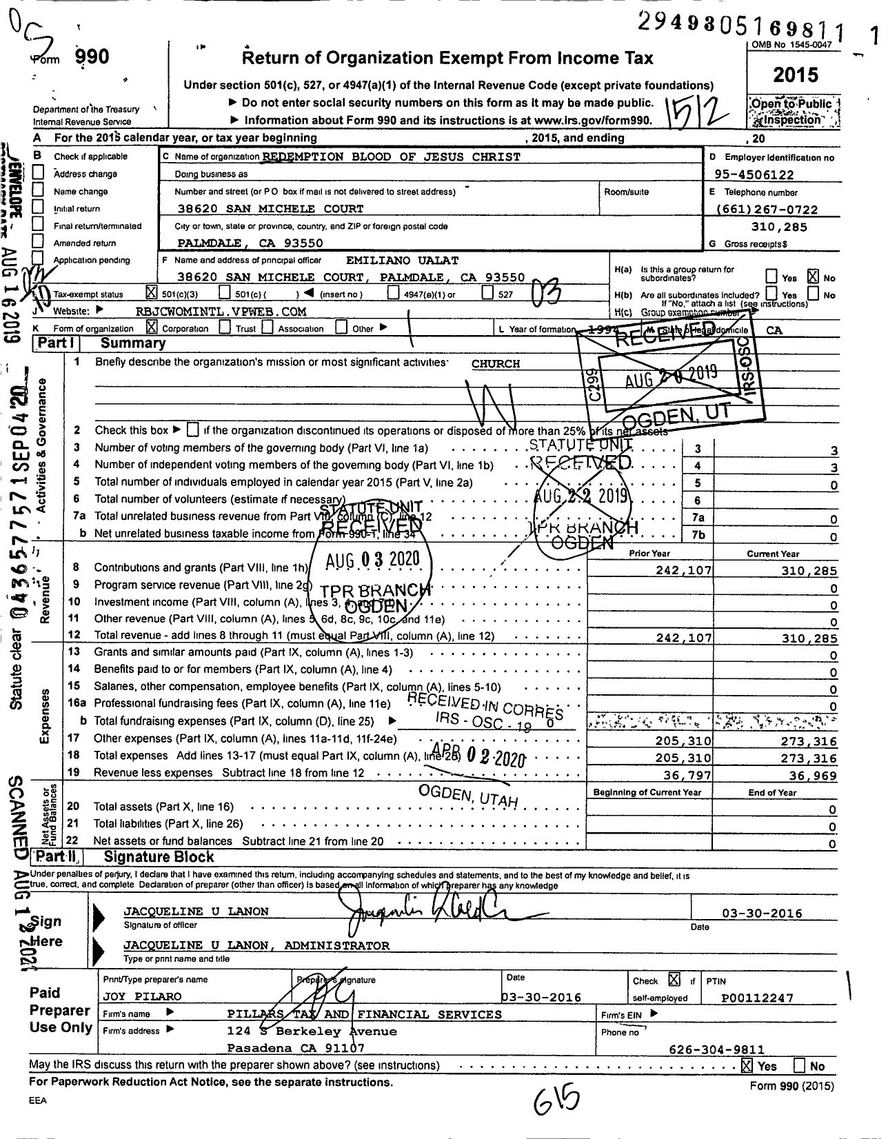 Image of first page of 2015 Form 990 for Redemption Blood of Jesus Christ