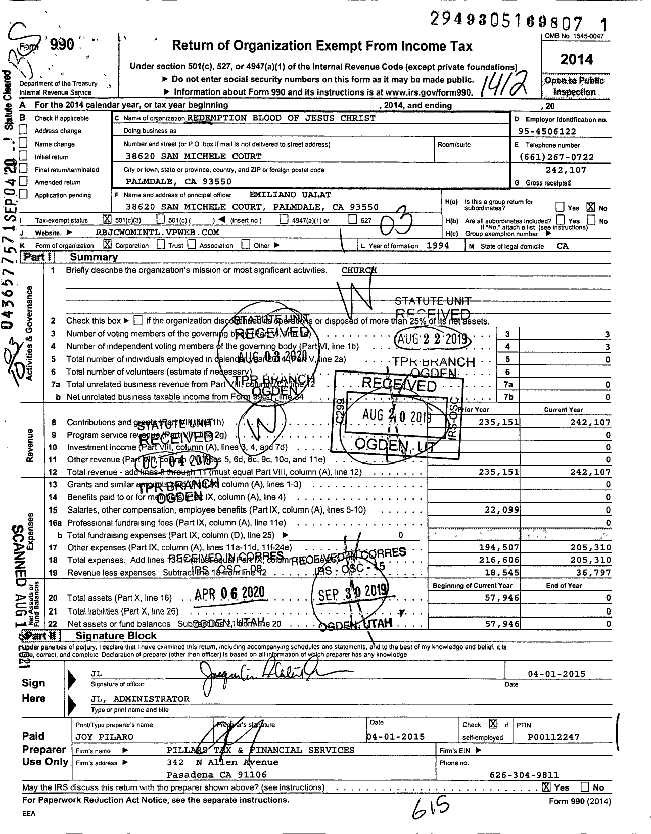 Image of first page of 2014 Form 990 for Redemption Blood of Jesus Christ