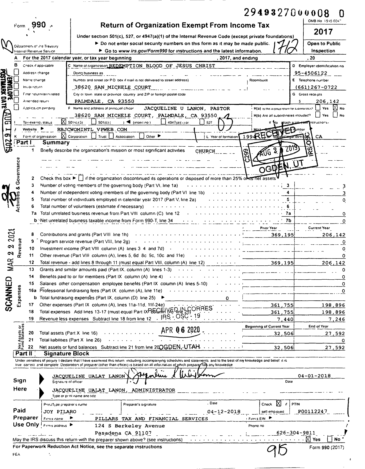 Image of first page of 2017 Form 990 for Redemption Blood of Jesus Christ