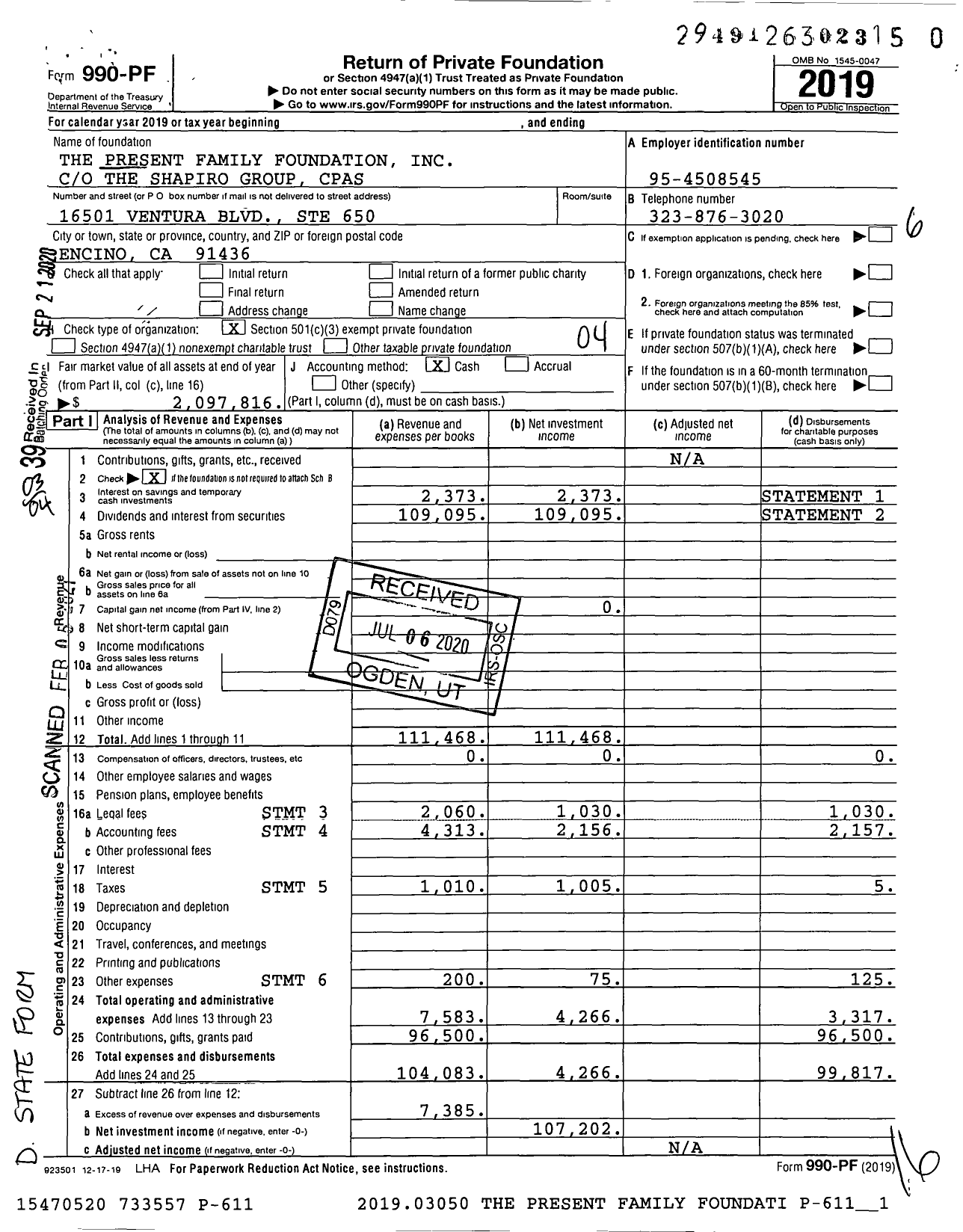 Image of first page of 2019 Form 990PF for The Present Family Foundation