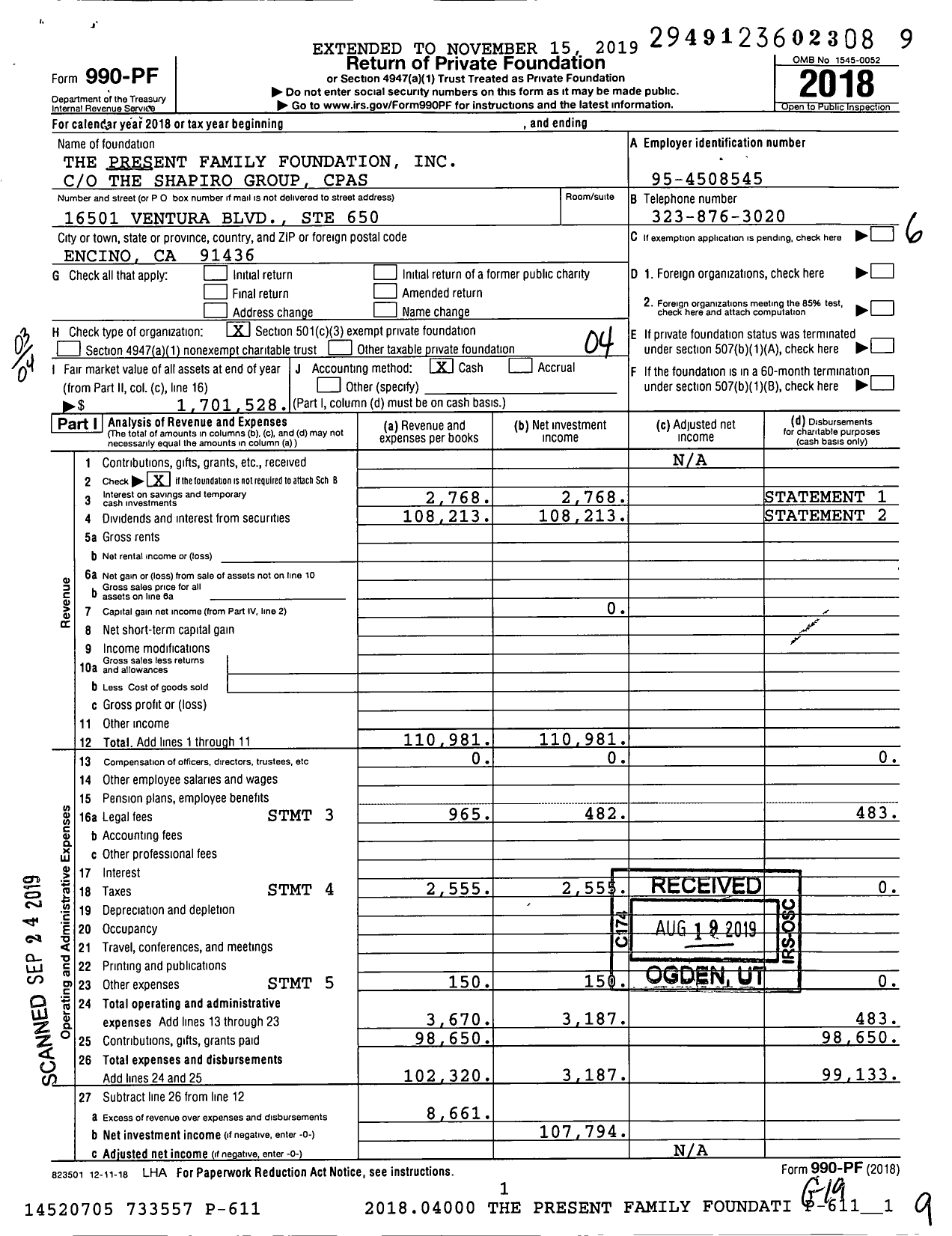 Image of first page of 2018 Form 990PF for The Present Family Foundation