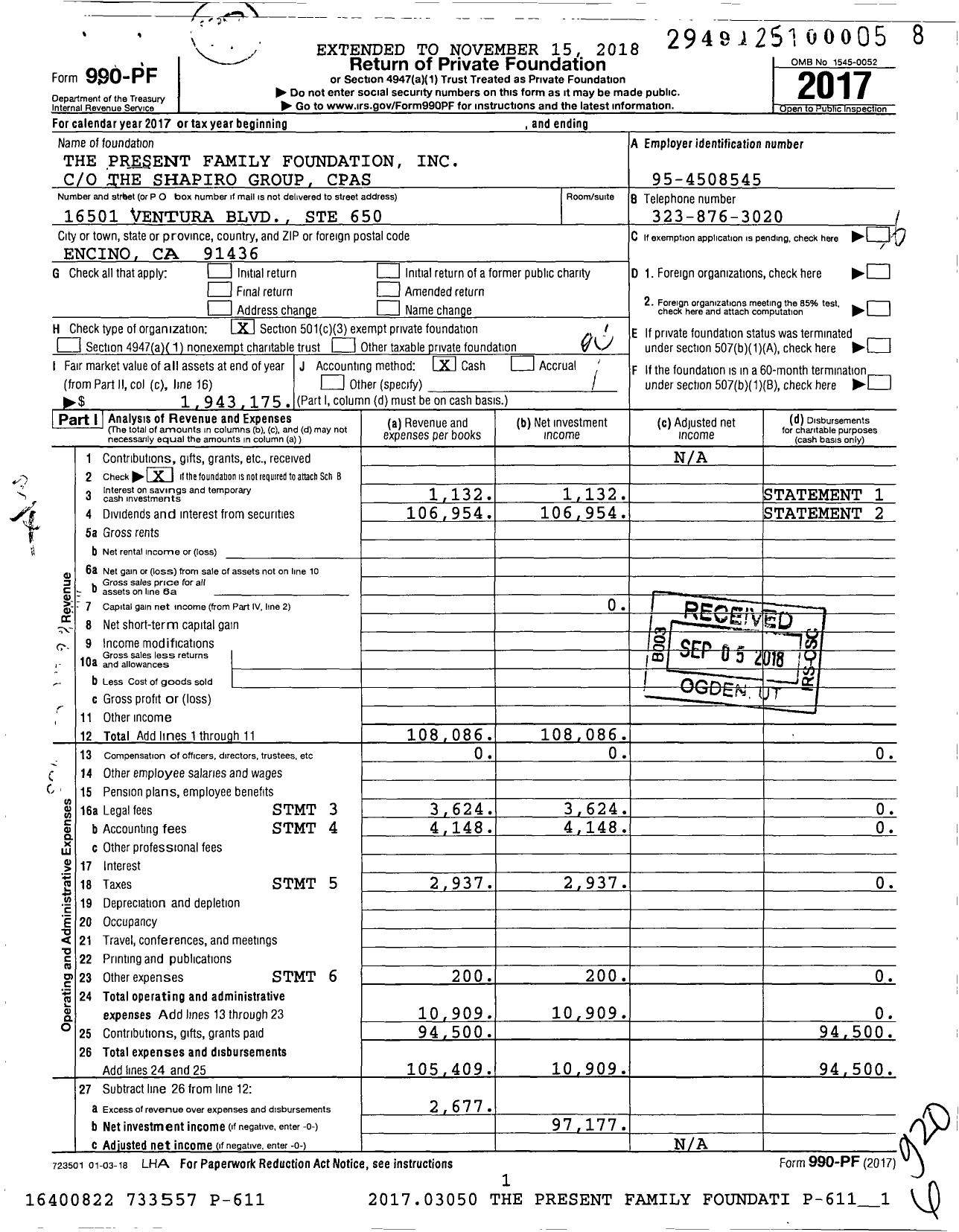 Image of first page of 2017 Form 990PF for The Present Family Foundation