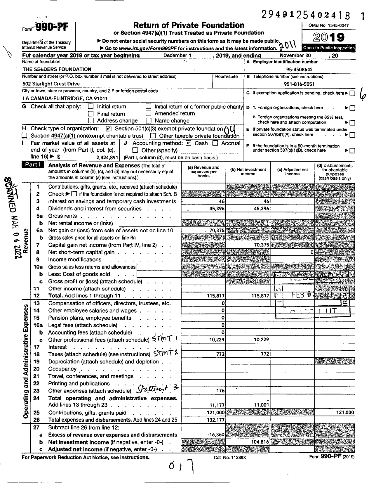 Image of first page of 2019 Form 990PF for The Selders Foundation