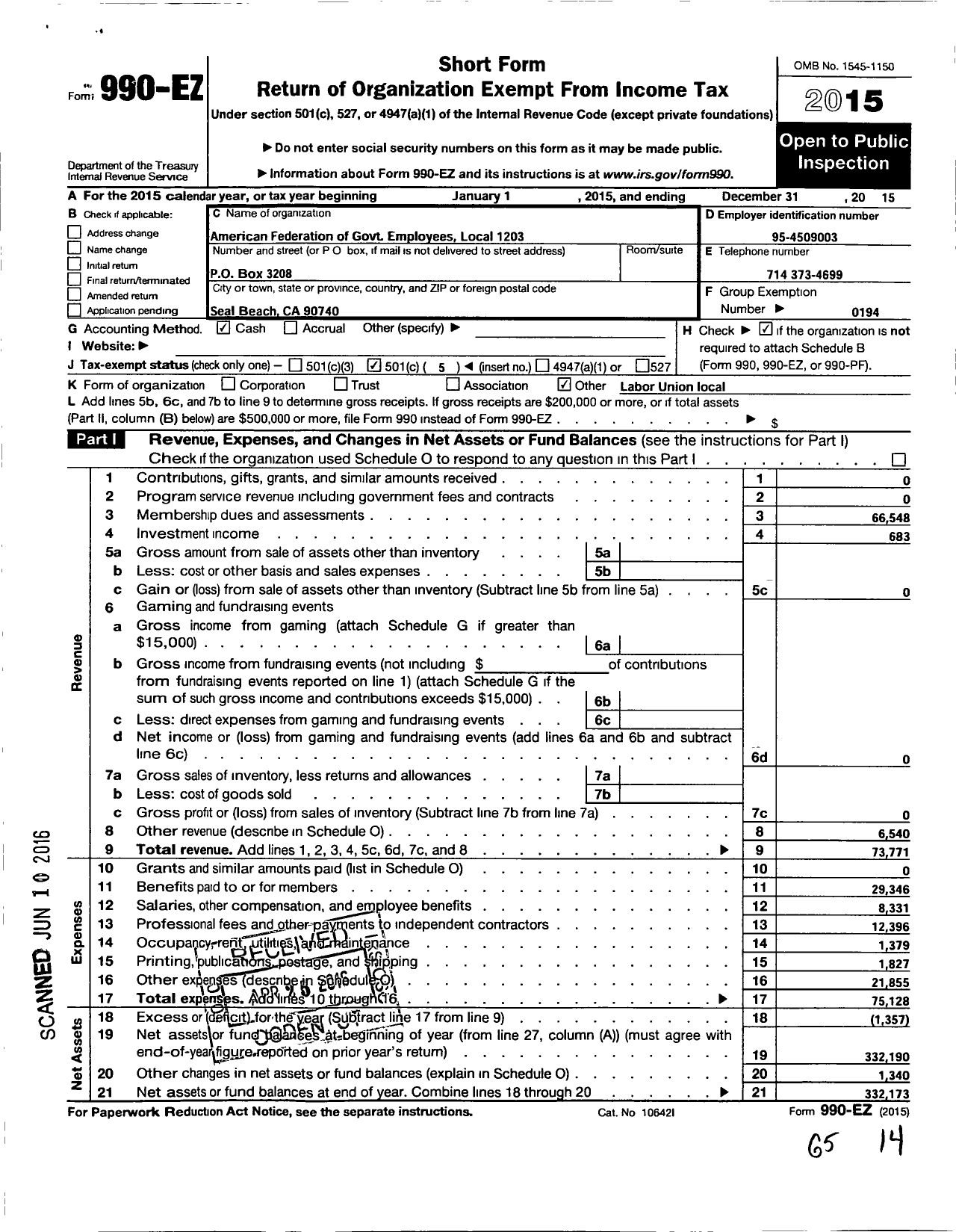 Image of first page of 2015 Form 990EO for American Federation of Government Employees Local 1203