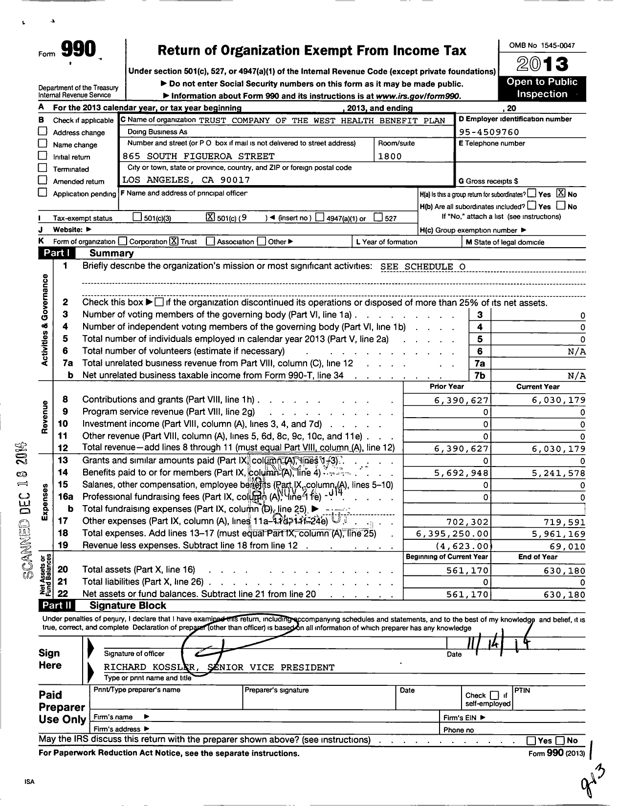 Image of first page of 2013 Form 990O for Trust Company of the West Health Benefit Plan