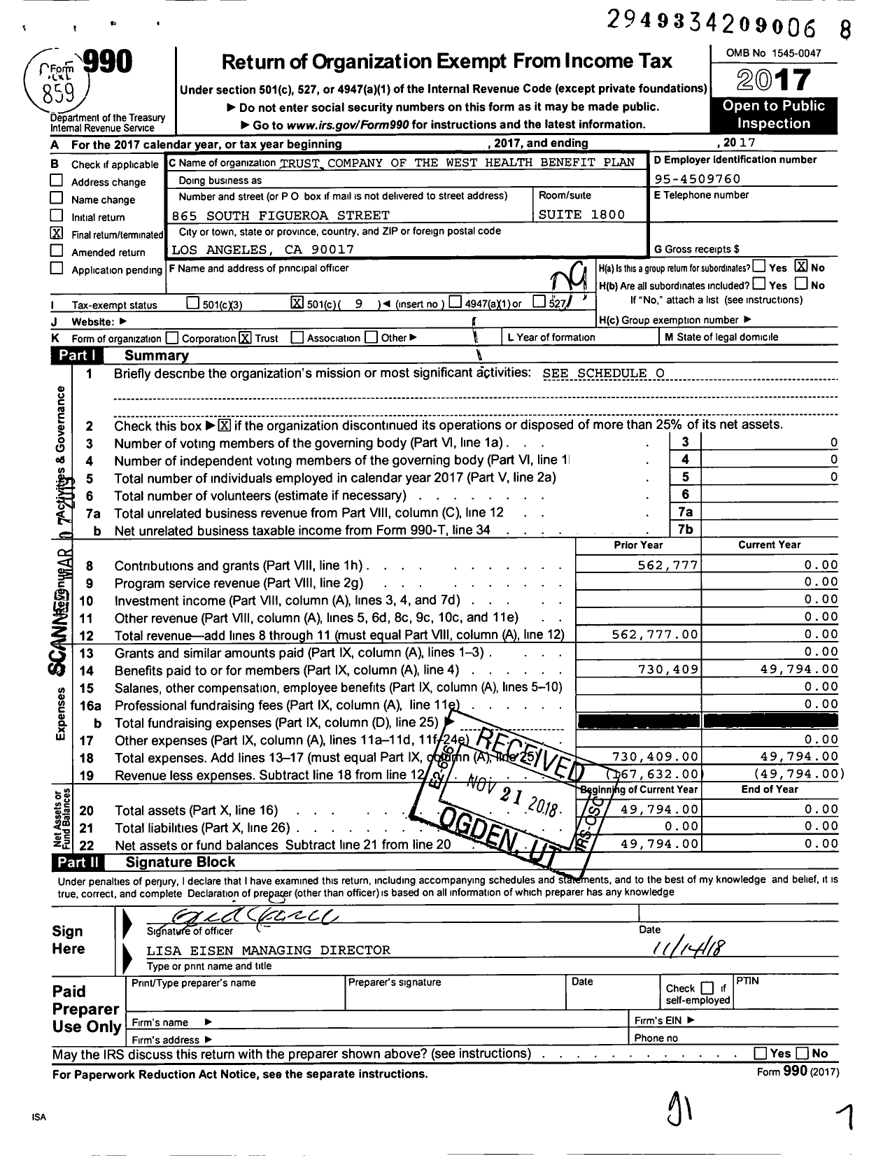 Image of first page of 2017 Form 990O for Trust Company of the West Health Benefit Plan