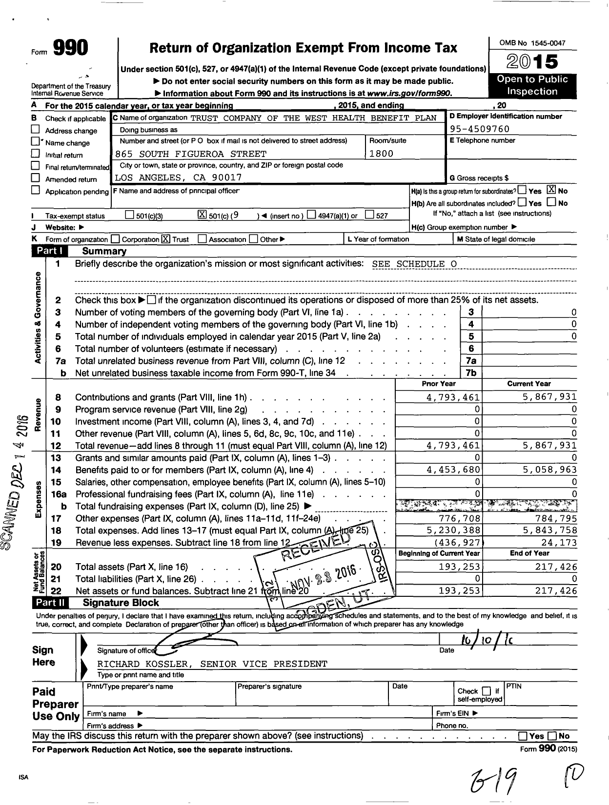 Image of first page of 2015 Form 990O for Trust Company of the West Health Benefit Plan
