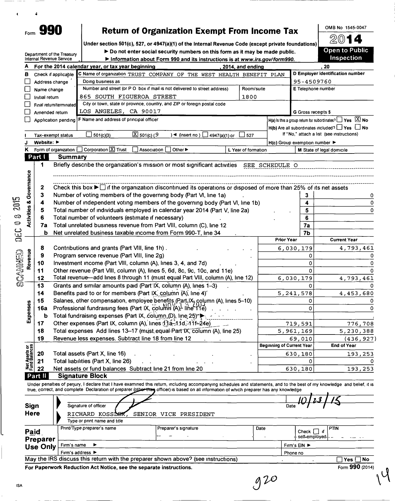 Image of first page of 2014 Form 990O for Trust Company of the West Health Benefit Plan
