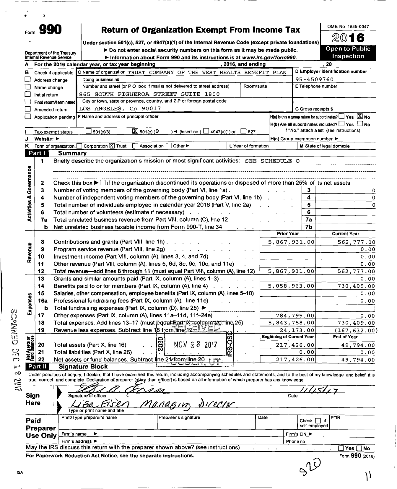 Image of first page of 2016 Form 990O for Trust Company of the West Health Benefit Plan