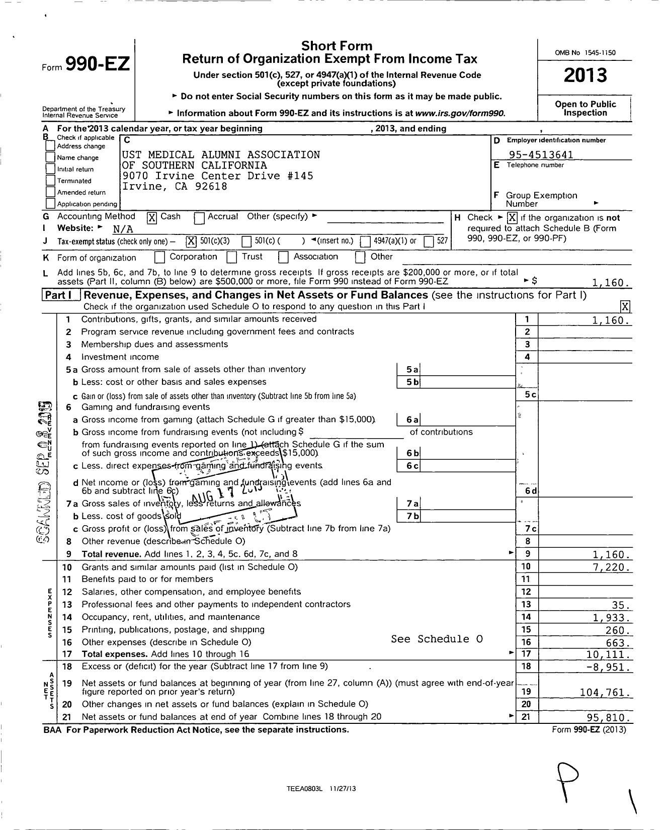 Image of first page of 2013 Form 990EZ for University of Santo Tomas Medical Alumni Society Southern California