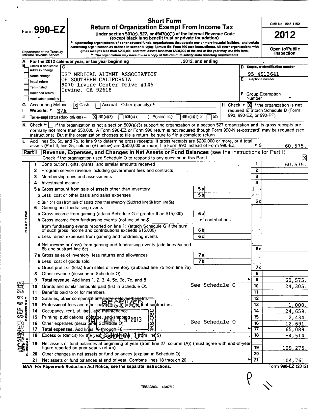 Image of first page of 2012 Form 990EZ for University of Santo Tomas Medical Alumni Society Southern California