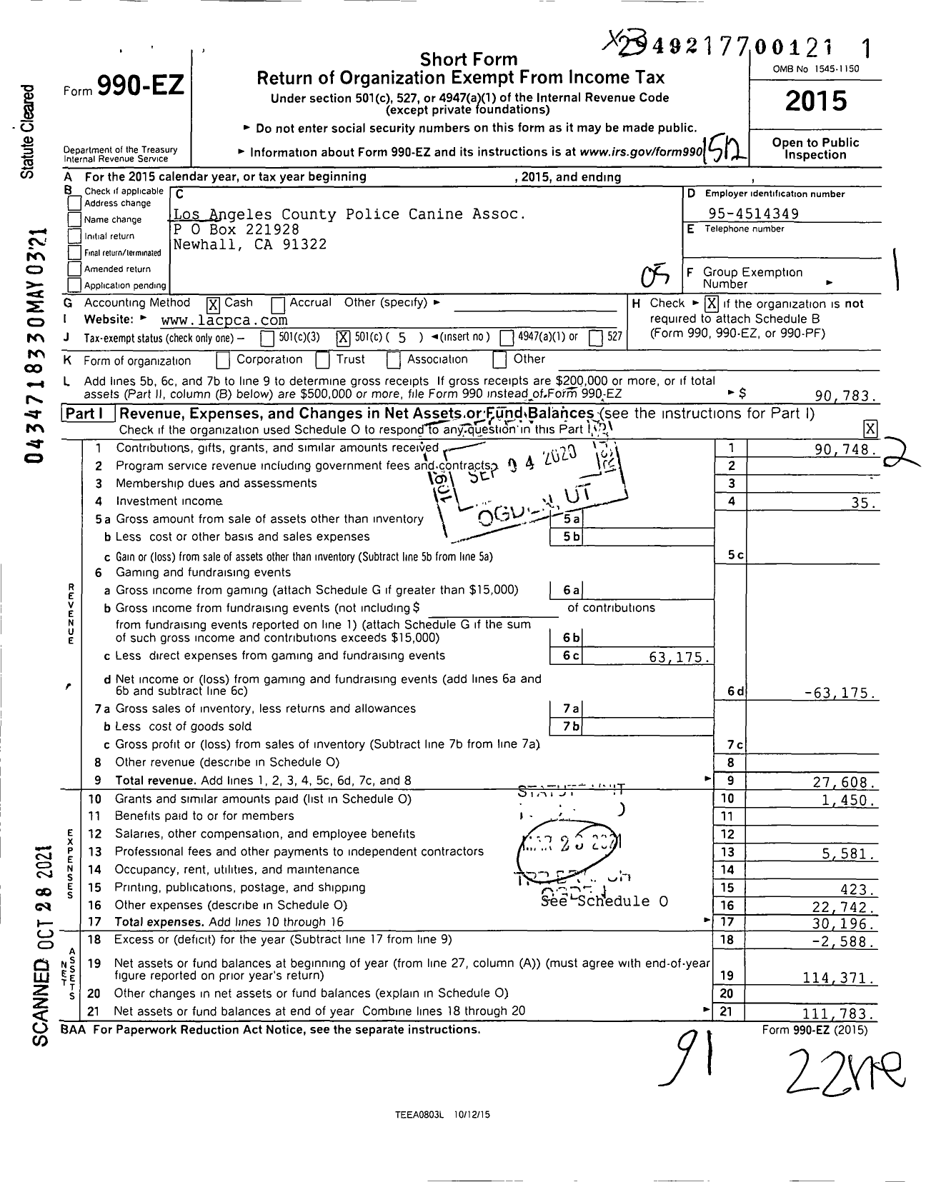 Image of first page of 2015 Form 990EO for Los Angeles County Police Canine Assoc