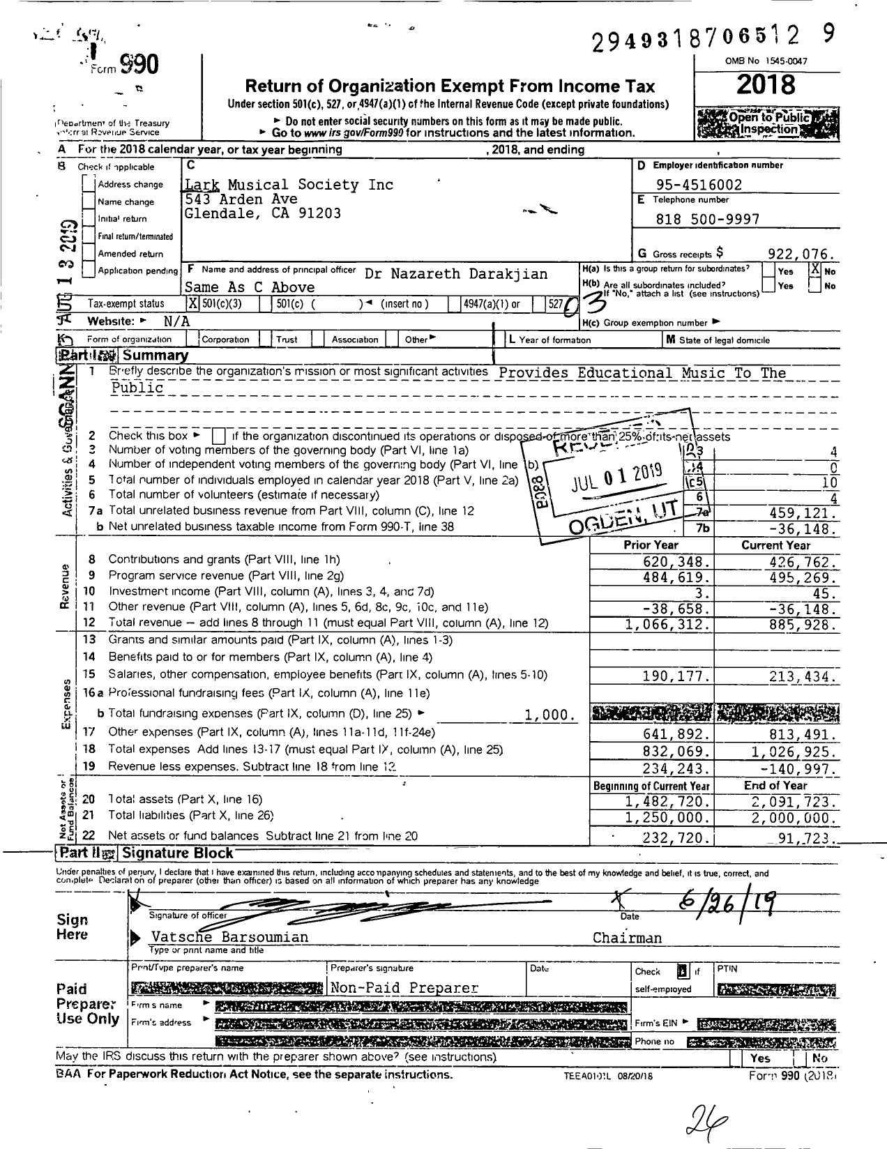 Image of first page of 2018 Form 990 for Lark Musical Society