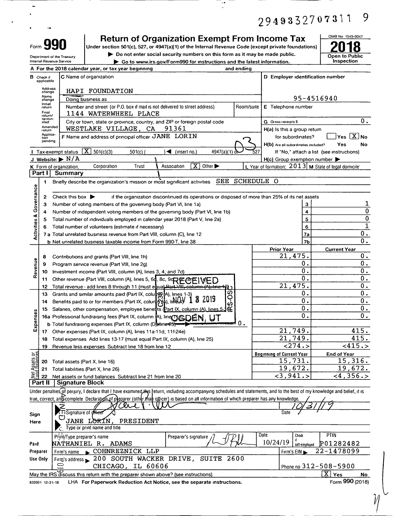 Image of first page of 2018 Form 990 for Hapi Foundation