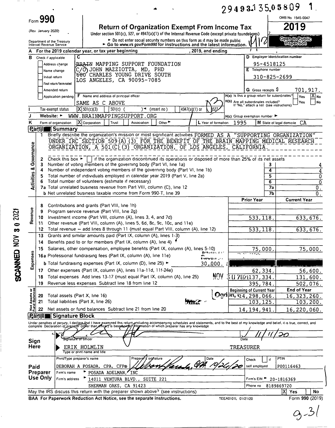 Image of first page of 2019 Form 990 for Brain Mapping Support Foundation