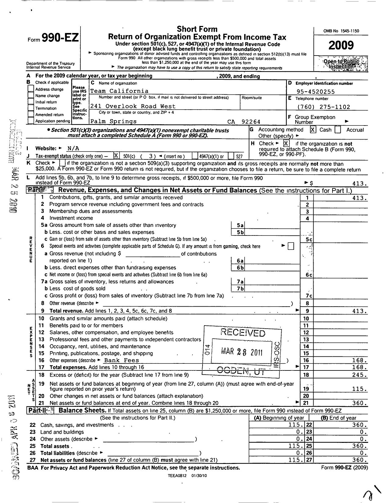 Image of first page of 2009 Form 990EZ for Team California