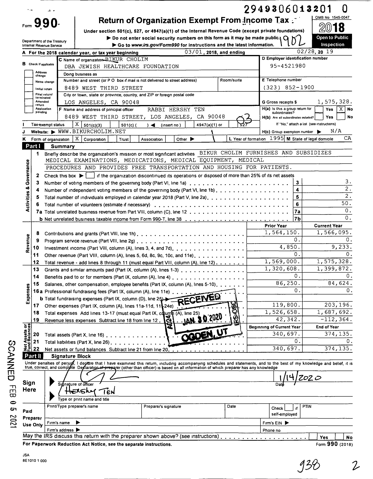 Image of first page of 2018 Form 990 for Jewish Healthcare Foundation / Bikur Cholim