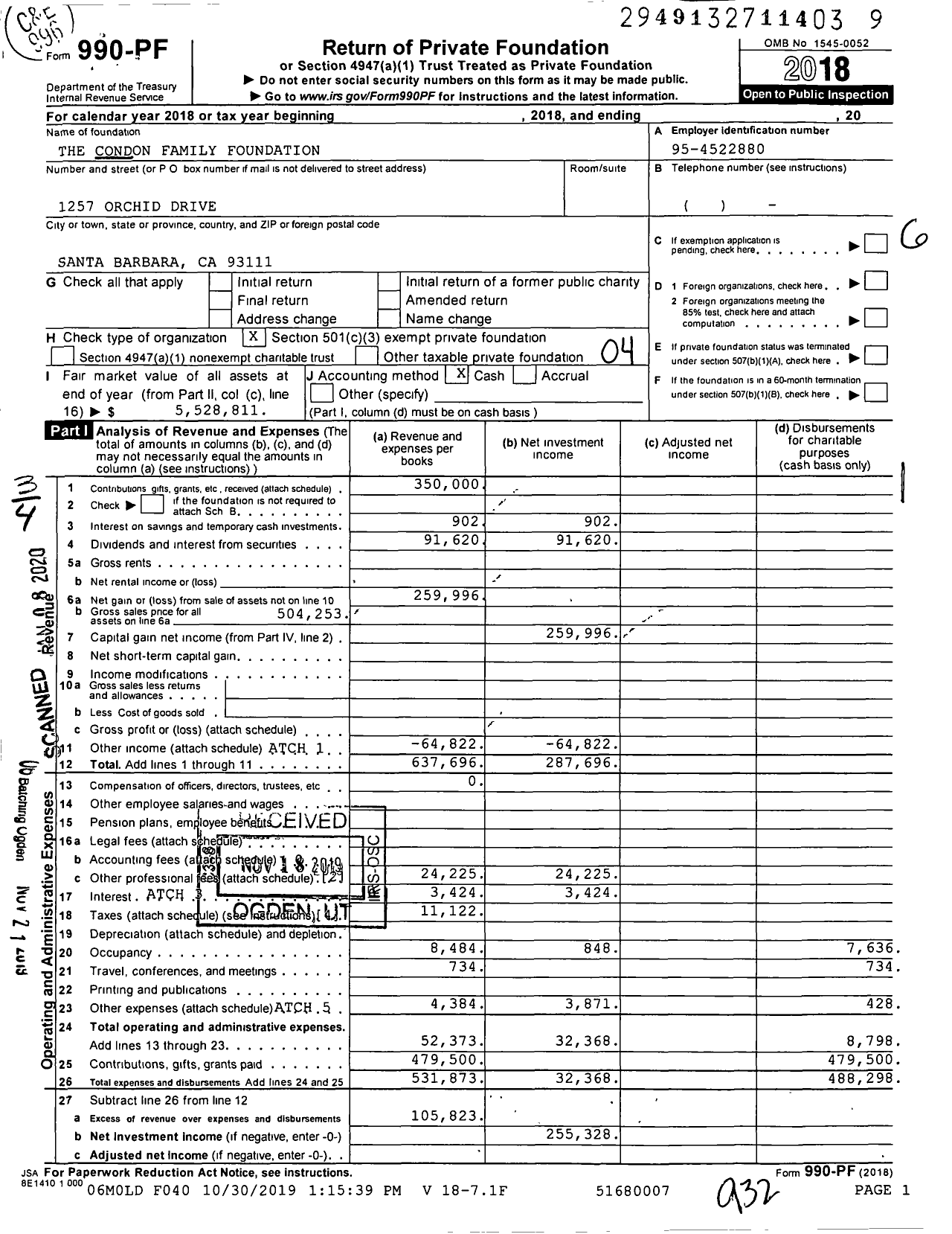 Image of first page of 2018 Form 990PF for The Condon Family Foundation