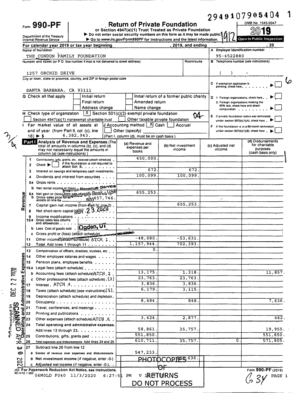 Image of first page of 2019 Form 990PF for The Condon Family Foundation