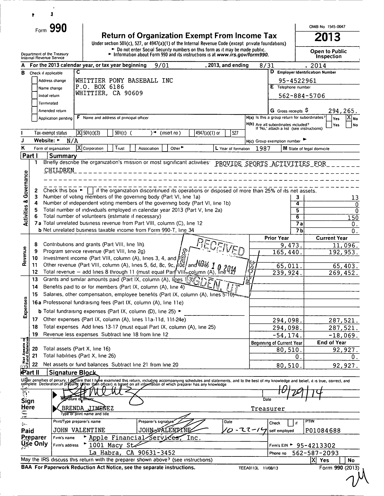 Image of first page of 2013 Form 990 for Whittier Pony Baseball