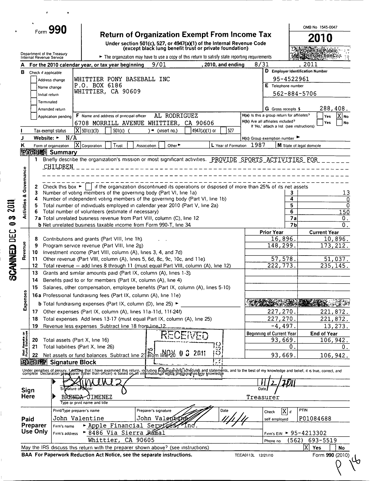 Image of first page of 2010 Form 990 for Whittier Pony Baseball