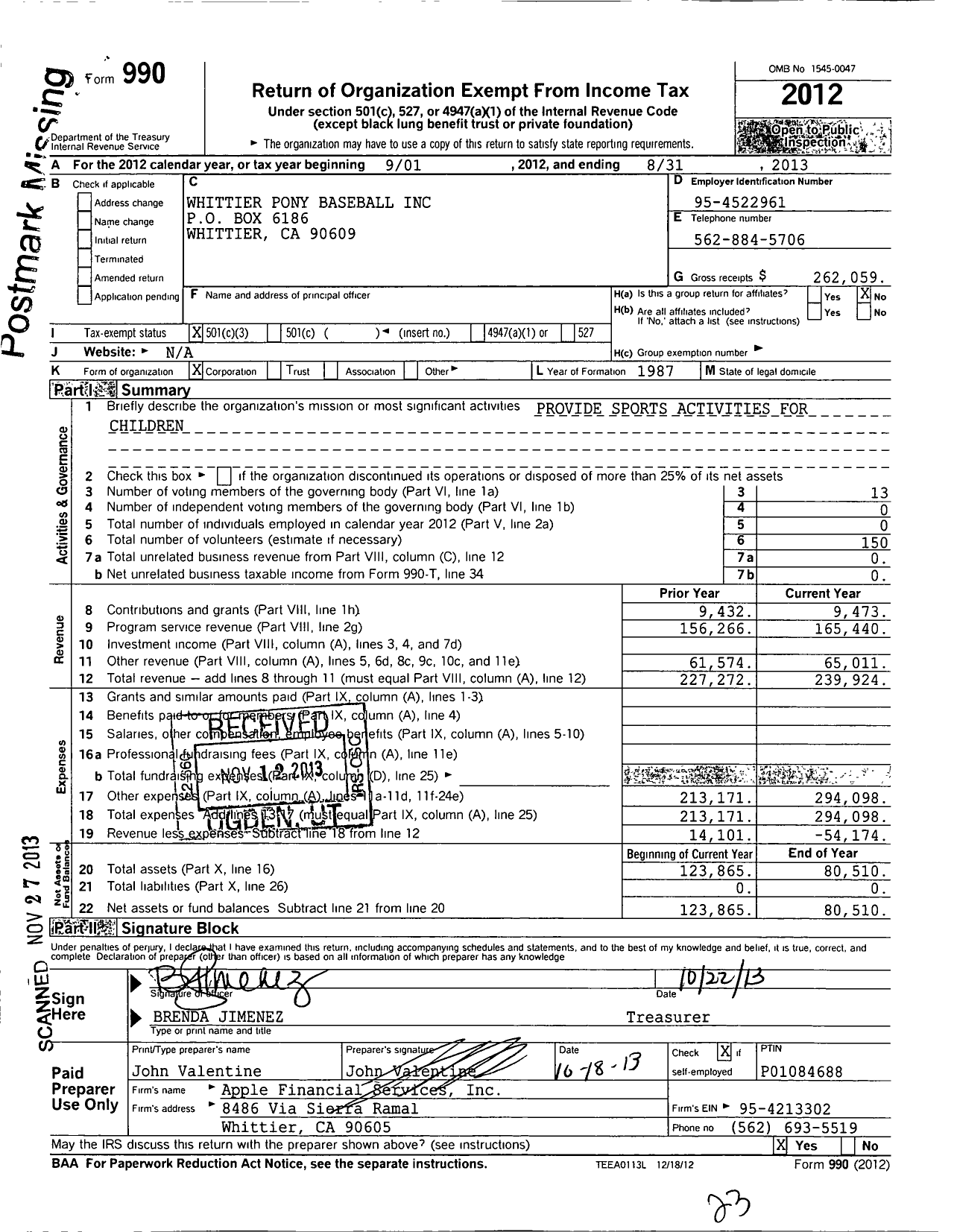Image of first page of 2012 Form 990 for Whittier Pony Baseball