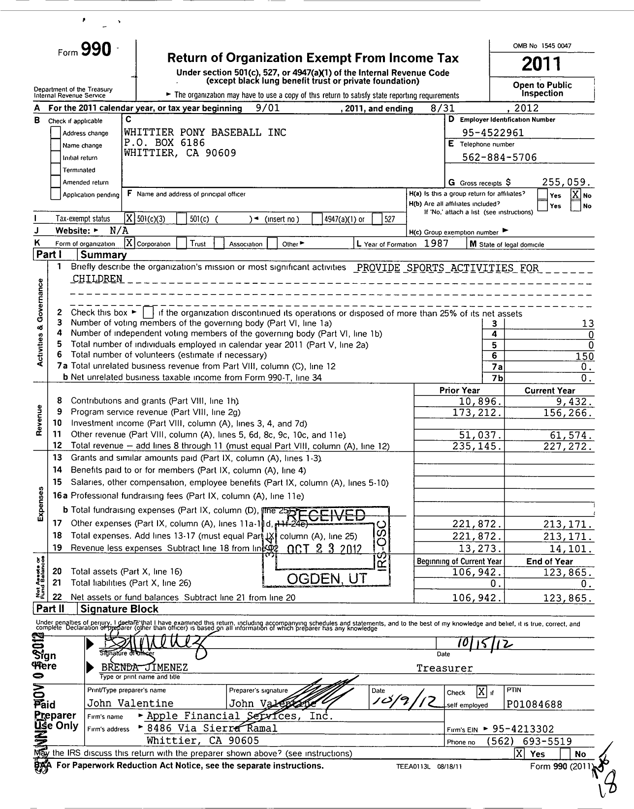 Image of first page of 2011 Form 990 for Whittier Pony Baseball