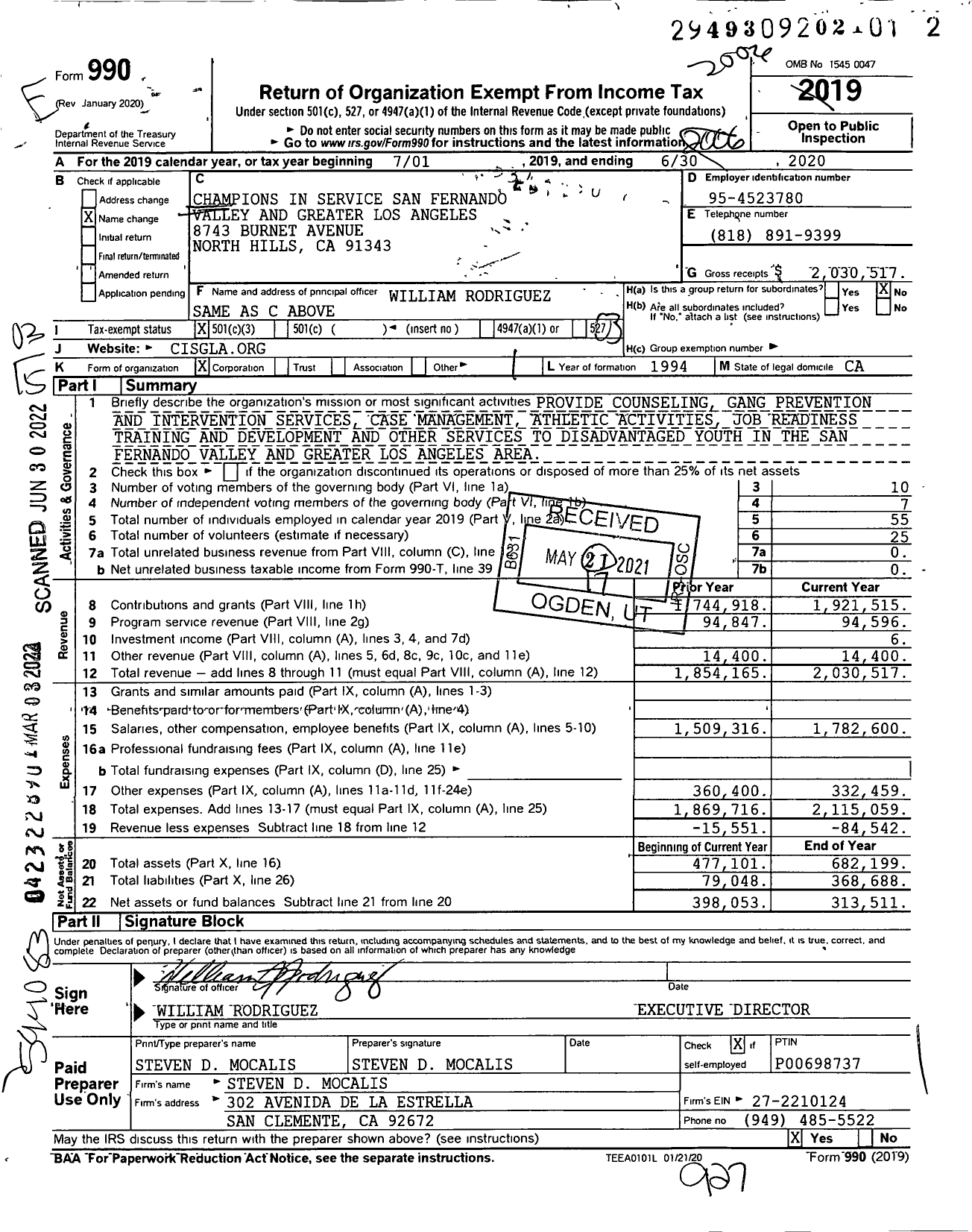 Image of first page of 2019 Form 990 for Champions in Service San Fernando Valley and Greater Los Angeles