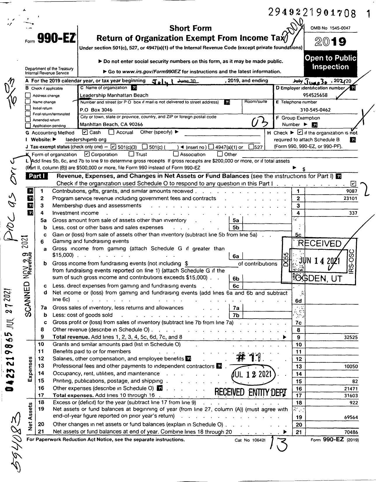 Image of first page of 2019 Form 990EZ for Leadership Manhattan Beach